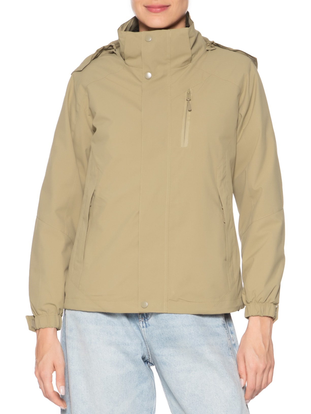 Jaqueta Feminina Dois Em Um Capuz Removível Bege Basiq