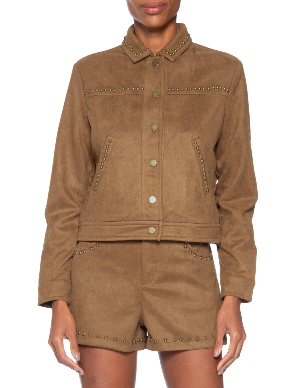 Jaqueta Feminina em Suede com Tachas Marrom Market 33