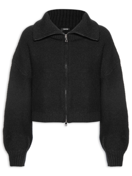 Jaqueta Feminina Em Tricot Zíper Duplo - Preto