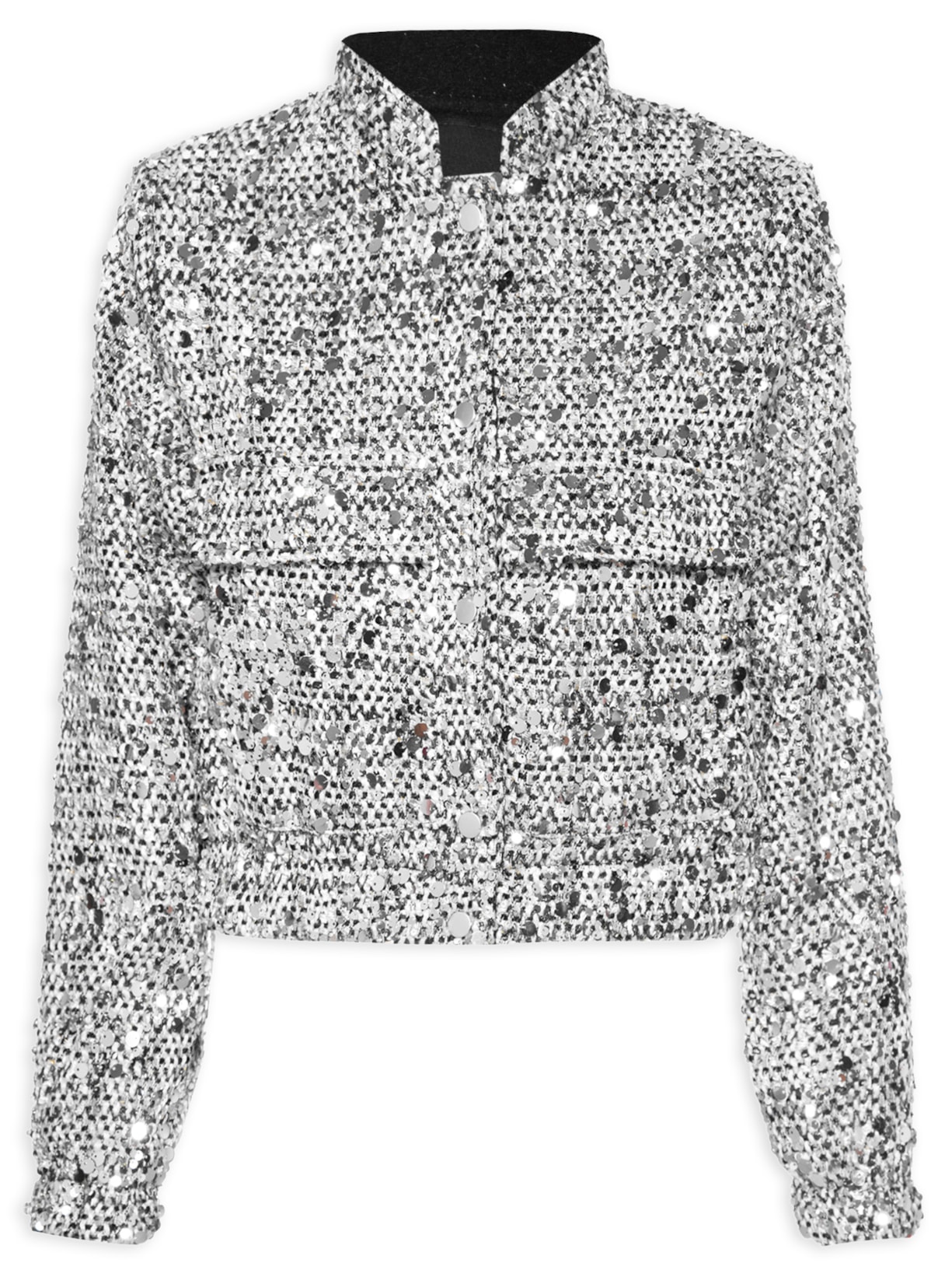 Jaqueta Feminina Em Tweed Com Paetê - Preto