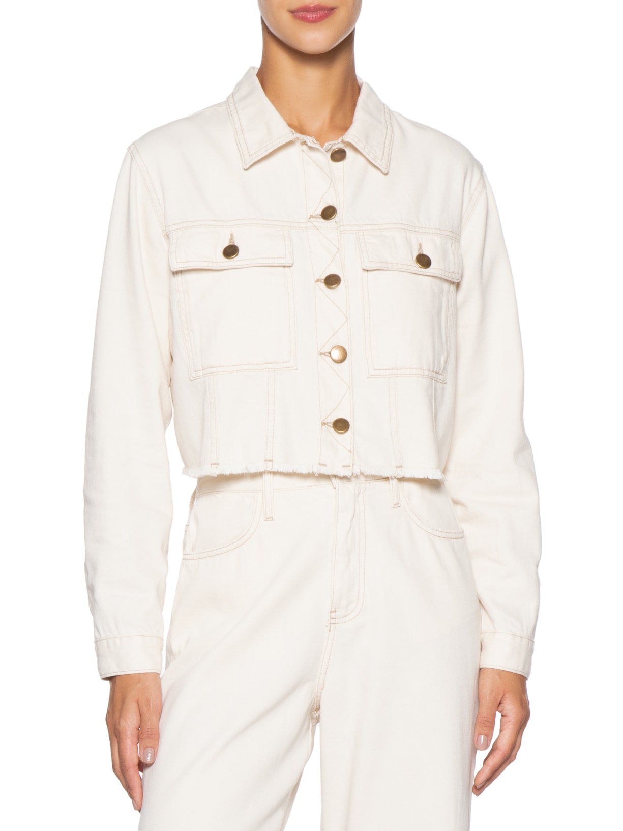 Jaqueta Feminina Jeans Com Bolso Off White Basiq