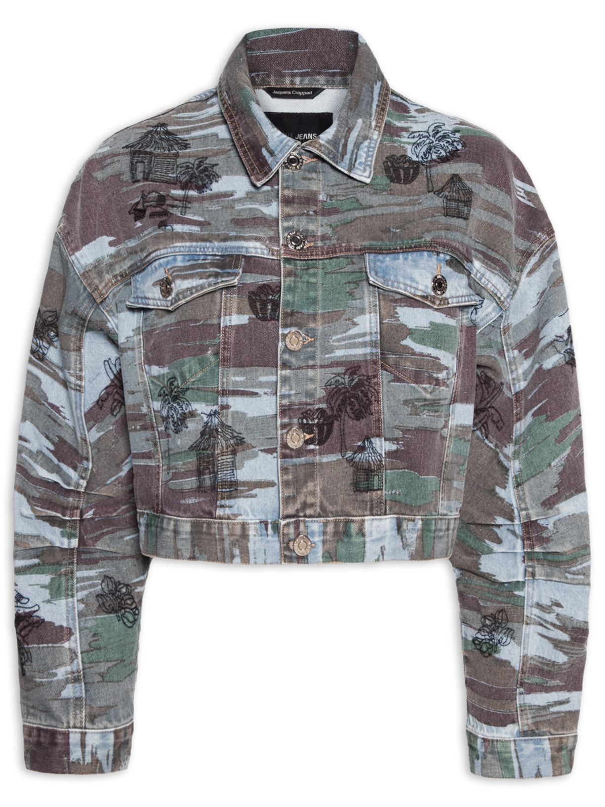 Jaqueta Feminina Jeans Cropped Camuflado Bordado - Azul