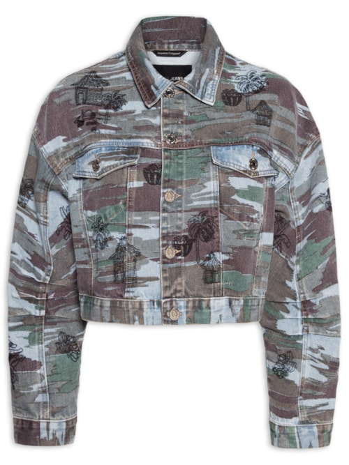 Jaqueta Feminina Jeans Cropped Camuflado Bordado - Azul