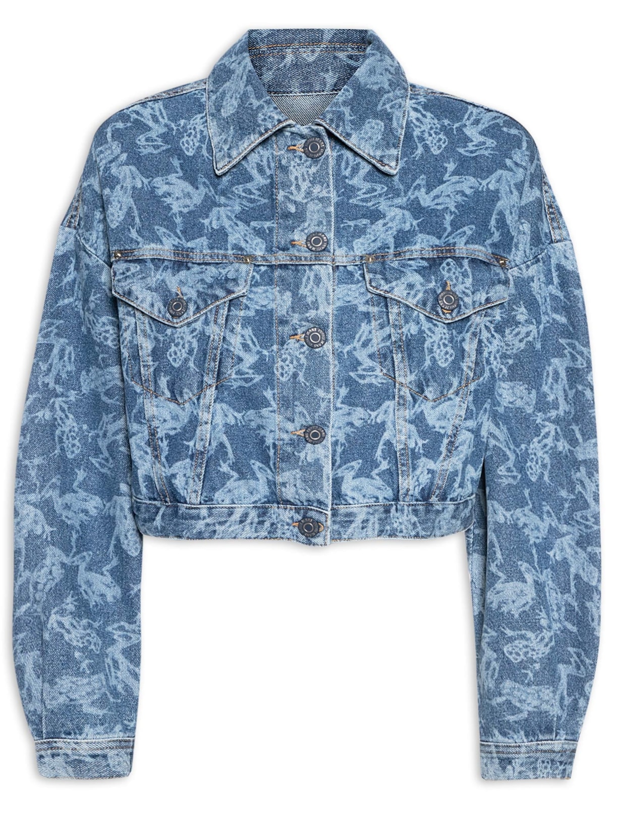 Jaqueta Feminina Jeans Cropped Estampa Frog - Azul