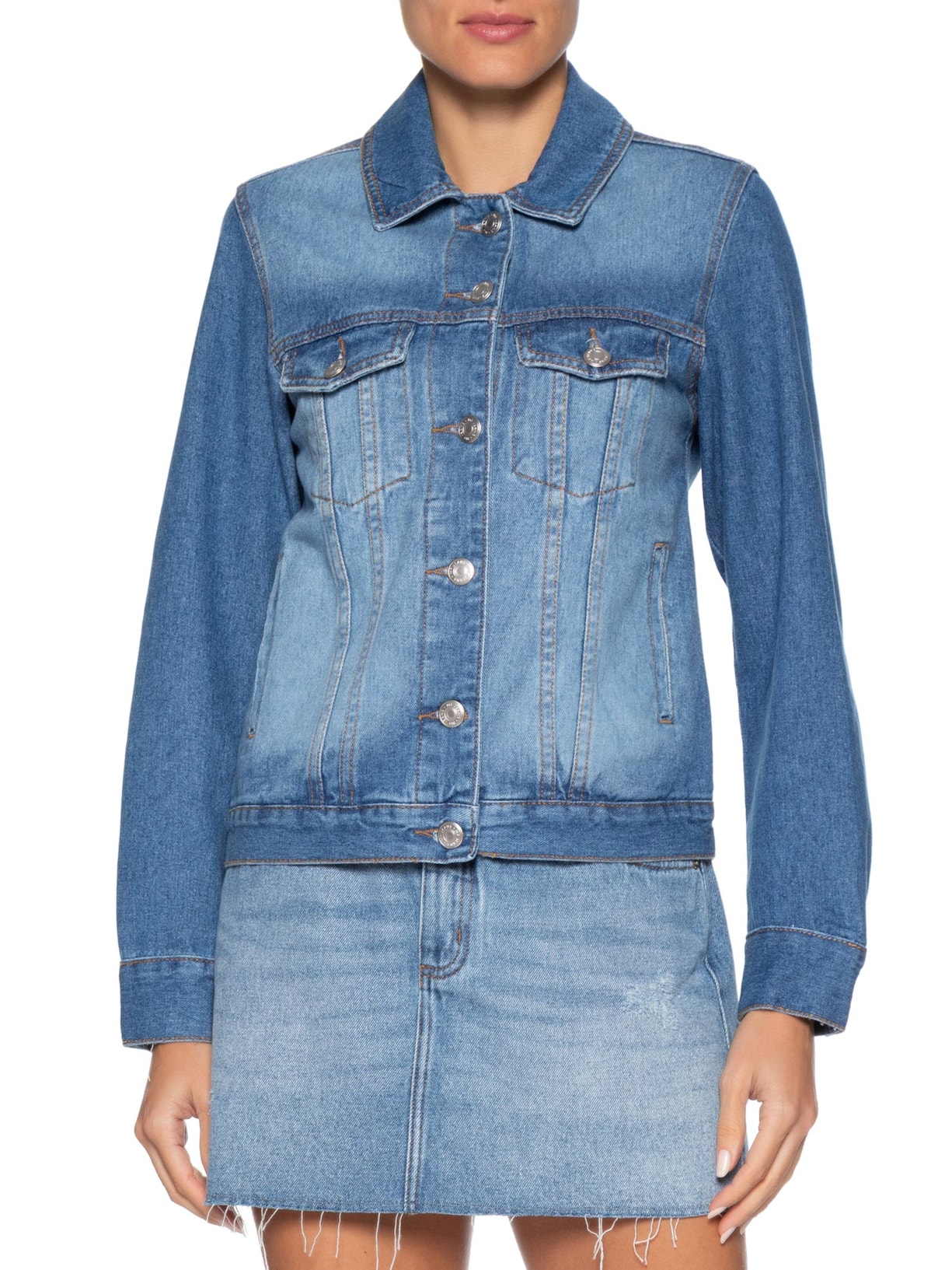 Jaqueta Feminina Jeans Desgastes Vintage Azul Maria Filó