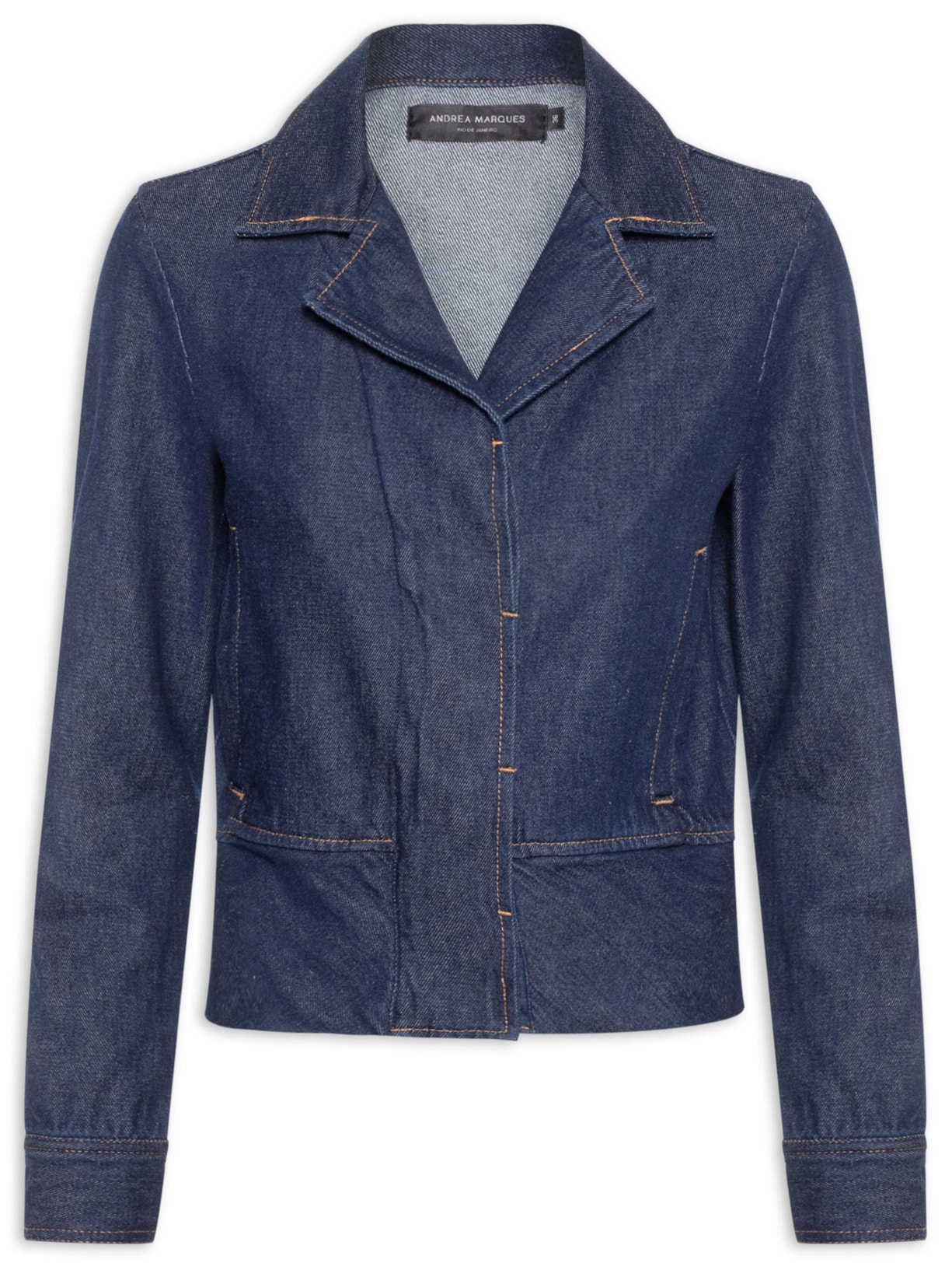 Jaqueta Feminina Jeans Fit Curta Barra Larga Azul Andrea Marques