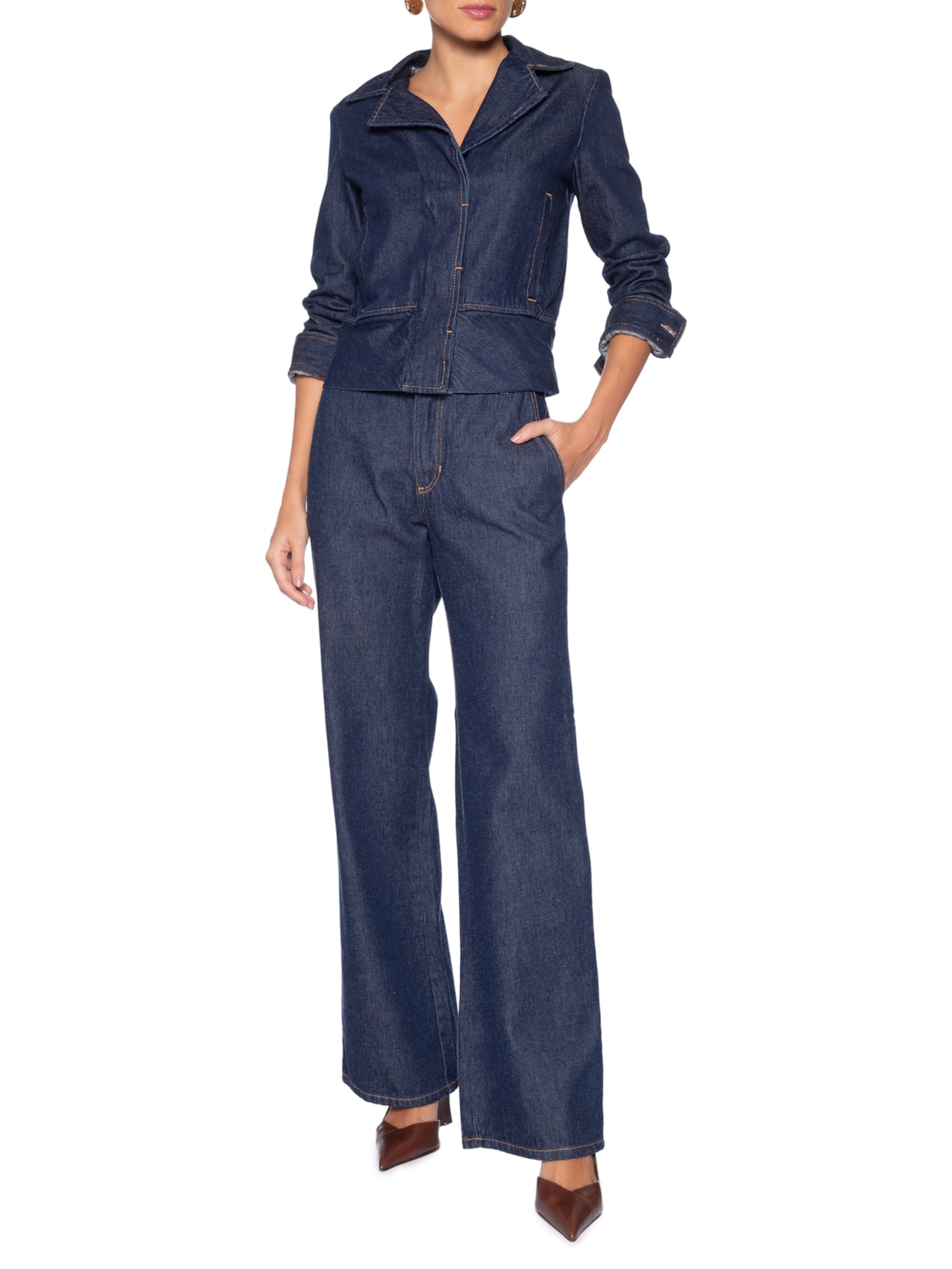 Jaqueta Feminina Jeans Fit Curta Barra Larga Azul Andrea Marques