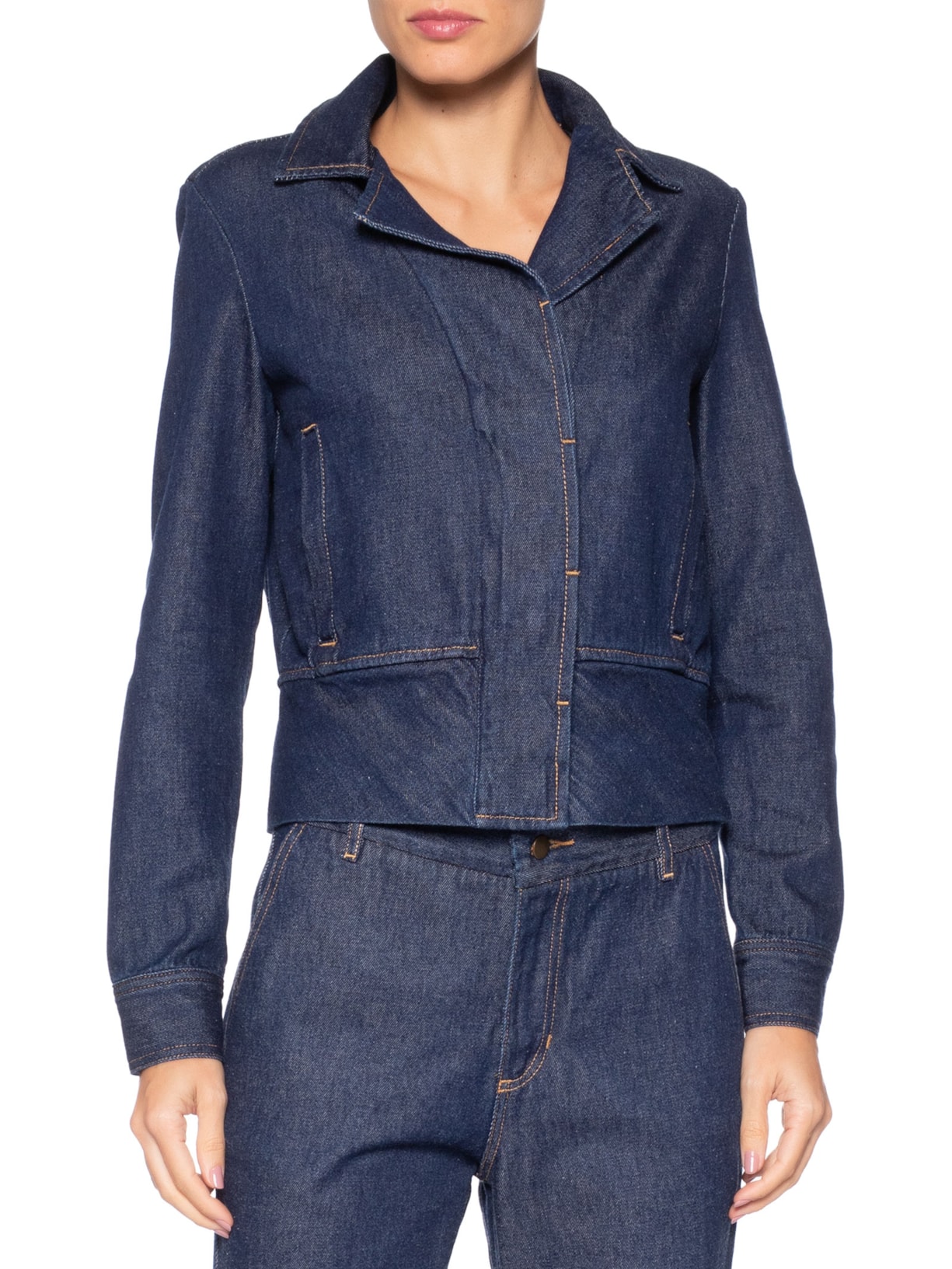 Jaqueta Feminina Jeans Fit Curta Barra Larga Azul Andrea Marques