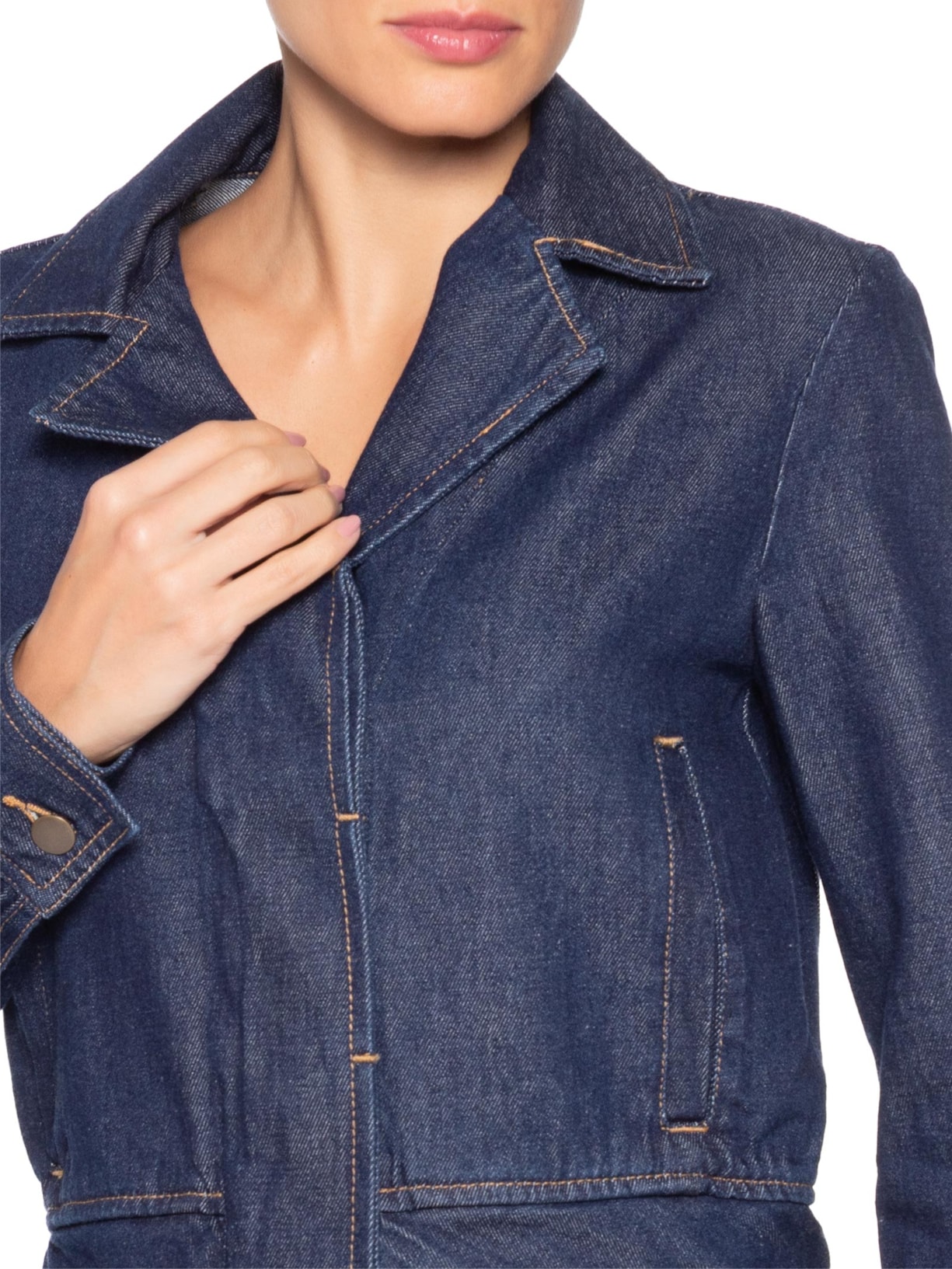 Jaqueta Feminina Jeans Fit Curta Barra Larga Azul Andrea Marques