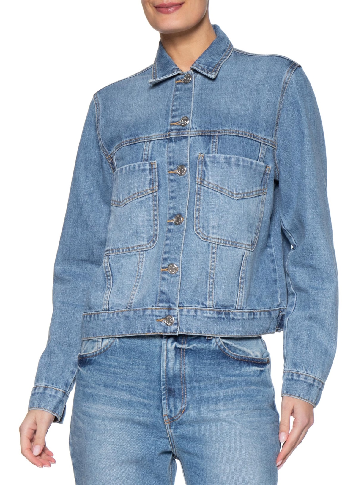 Jaqueta Feminina Jeans Gola Bordada Azul Maria Filó