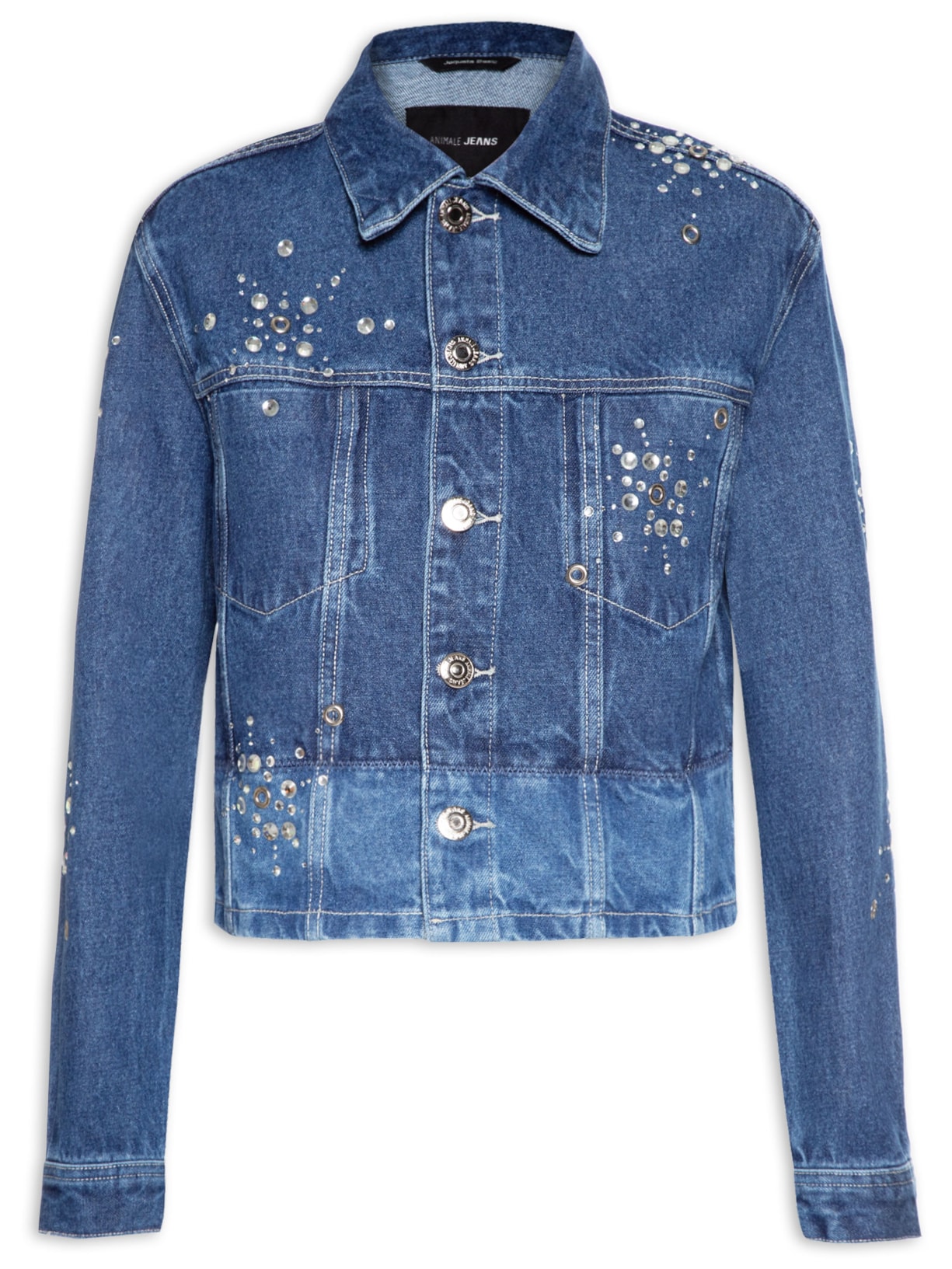 Jaqueta Feminina Jeans Recorte Zigzag Hot Fix - Azul