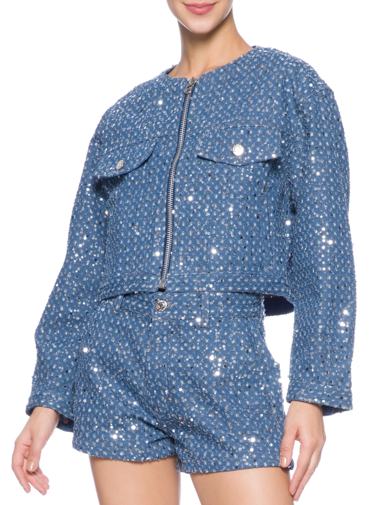 Jaqueta Feminina Jeans Zíper Frontal Paetê Azul Animale Jeans