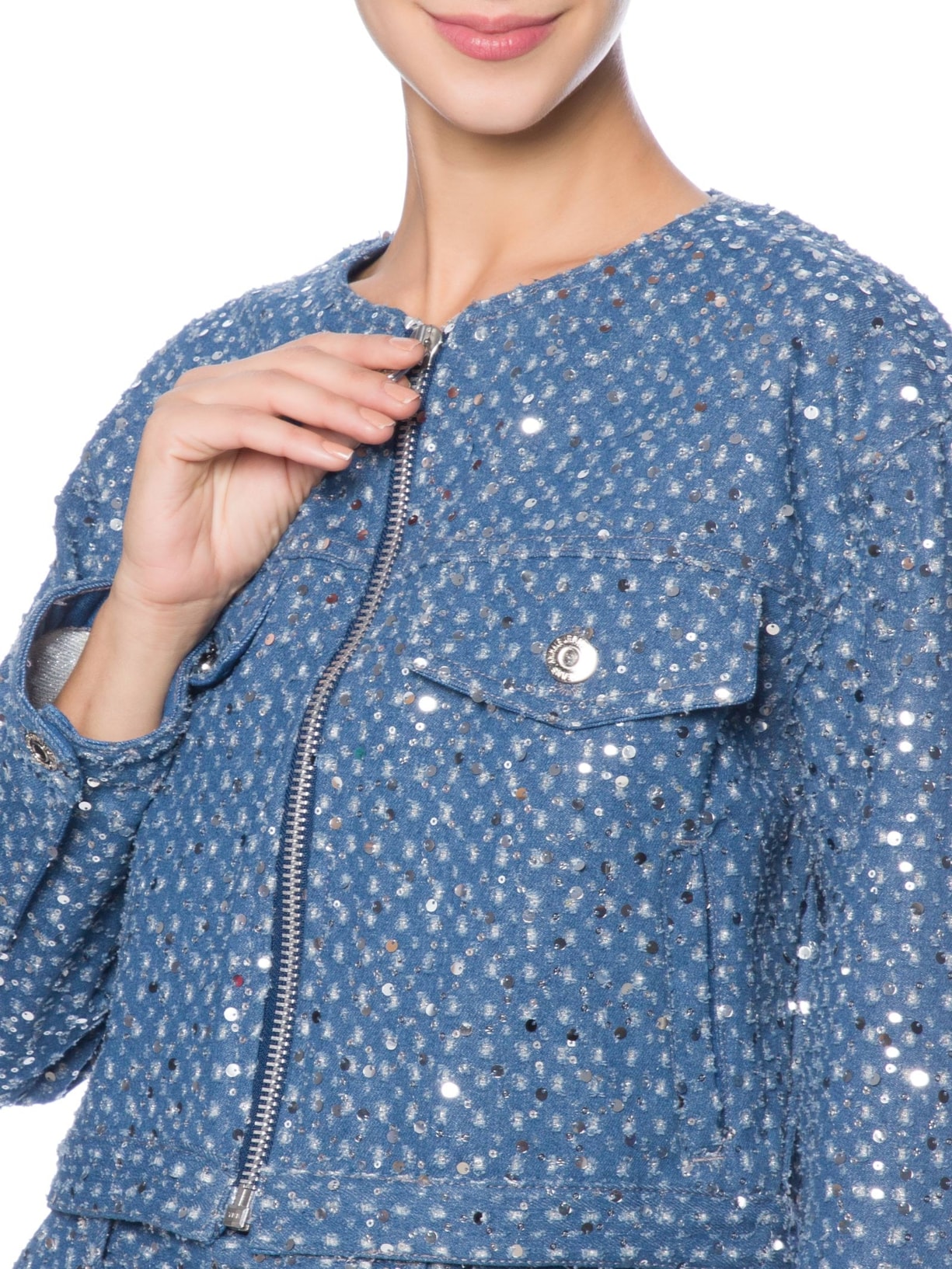 Jaqueta Feminina Jeans Zíper Frontal Paetê Azul Animale Jeans