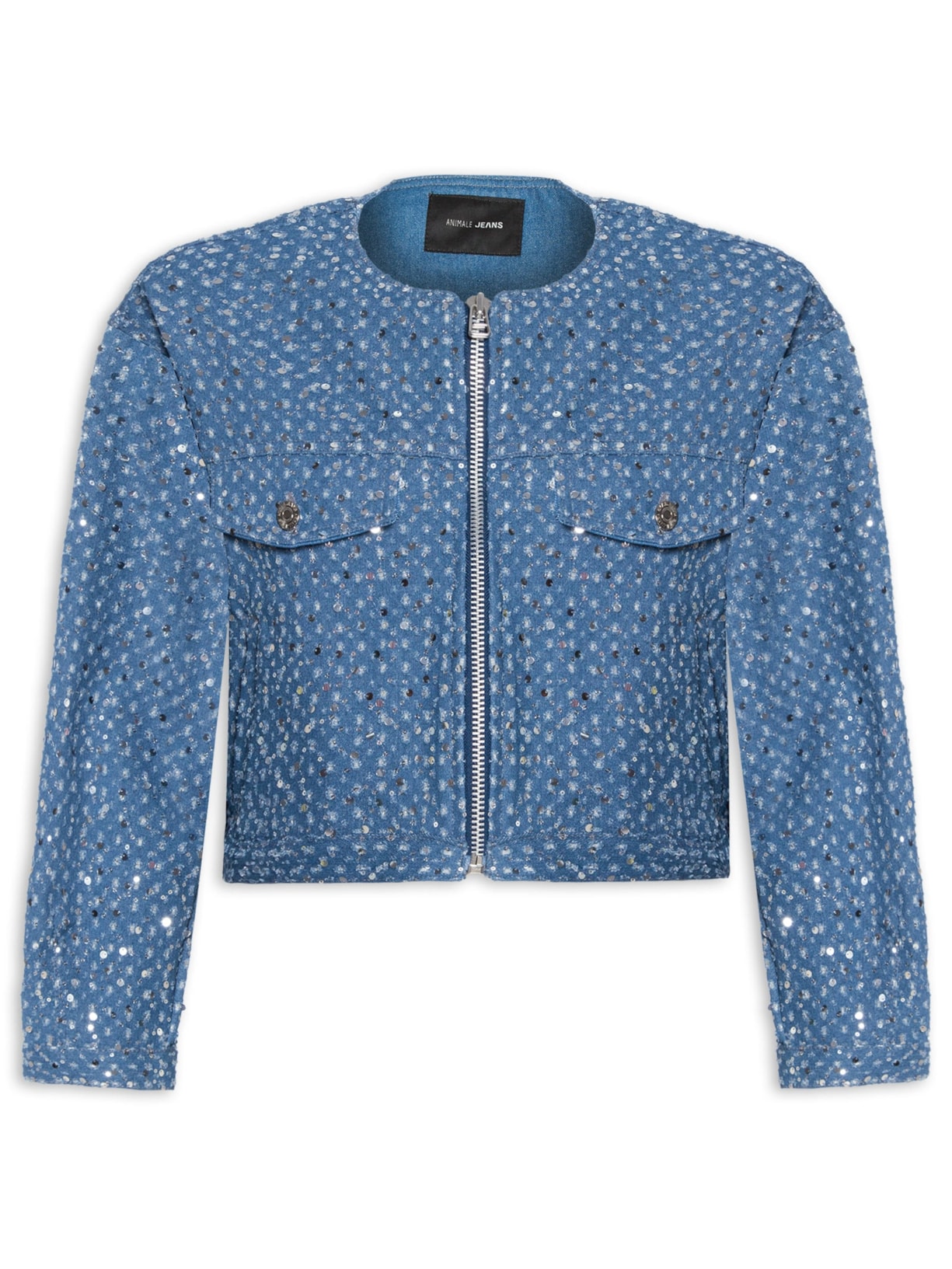 Jaqueta Feminina Jeans Zíper Frontal Paetê Azul Animale Jeans