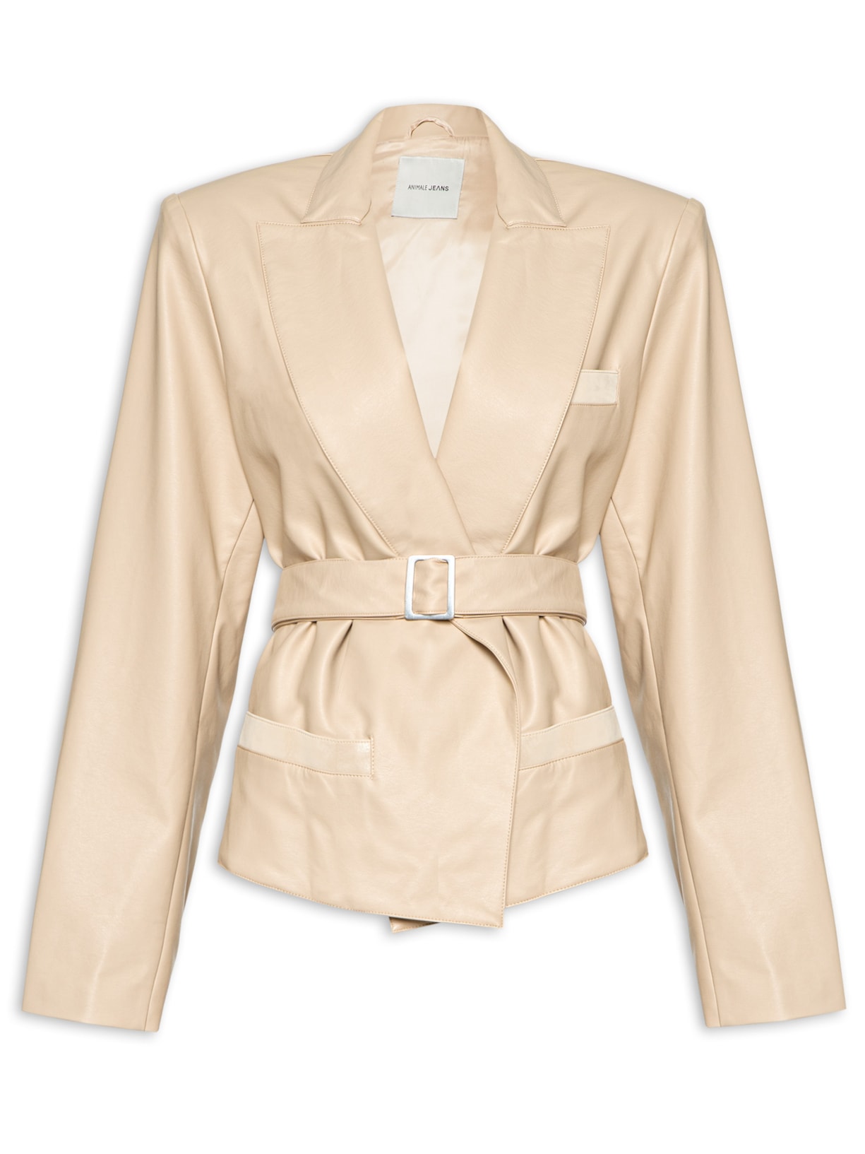 Jaqueta Feminina Like Leather Cropped Recortes - Bege