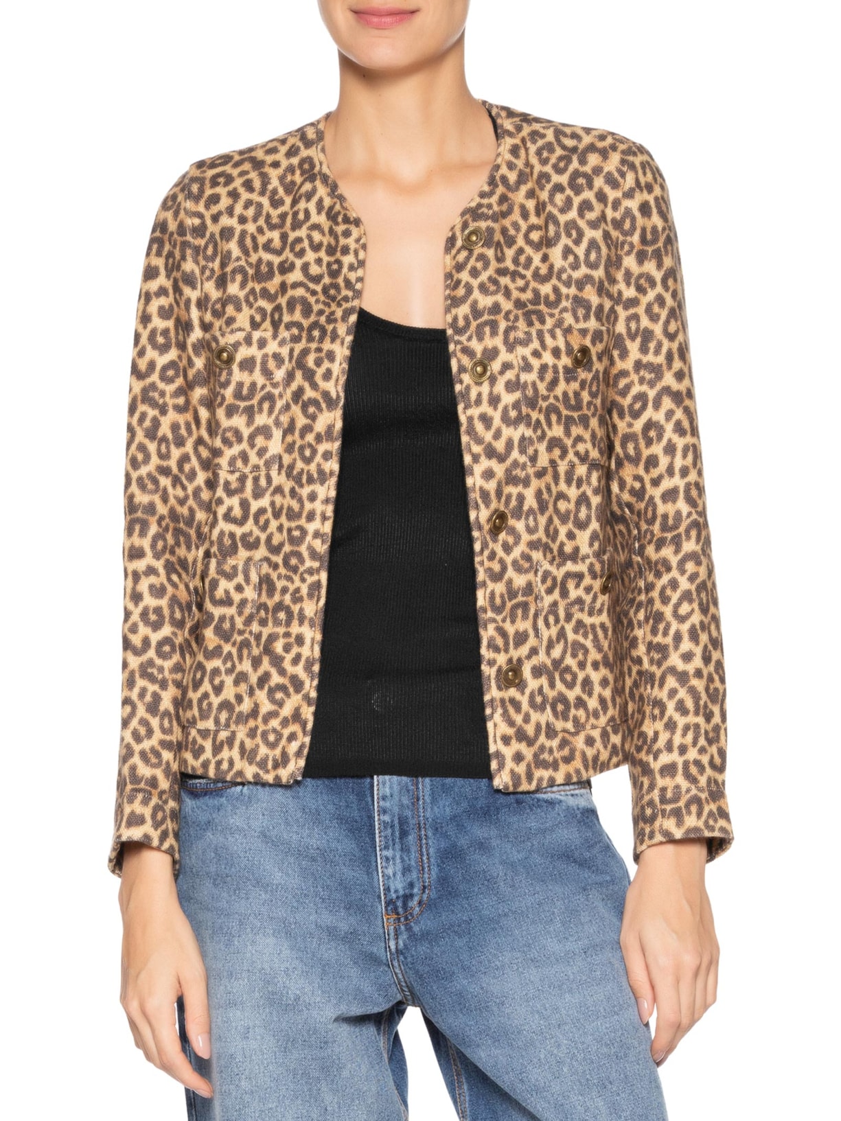 Jaqueta Feminina Linho Estampa Onça Animal Print Maria Filó