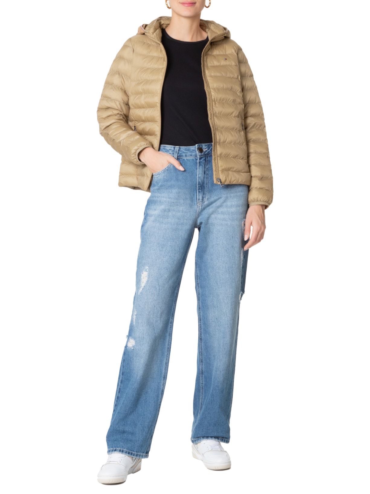 Jaqueta Feminina Lw Padded Global Stripe Bege Tommy Hilfiger