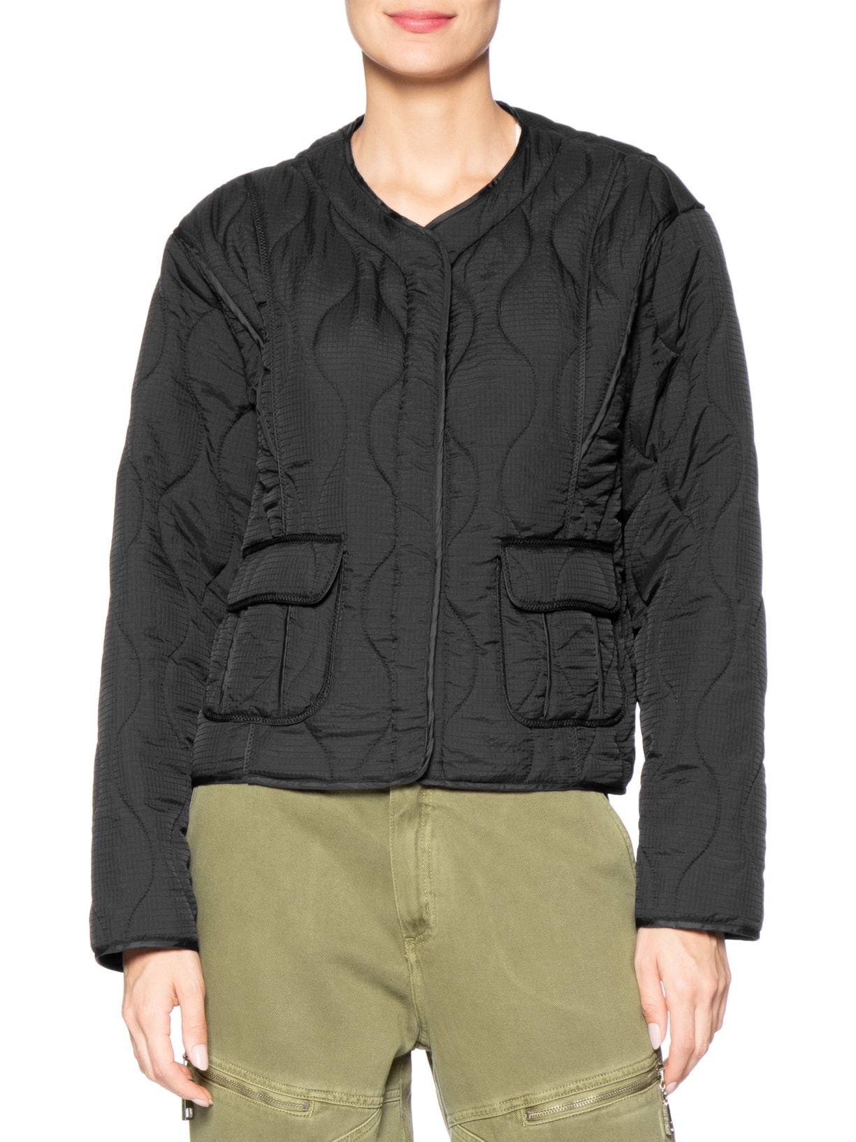 Jaqueta Feminina Nylon Matelasse Vivo Estampado Preto Animale Jeans