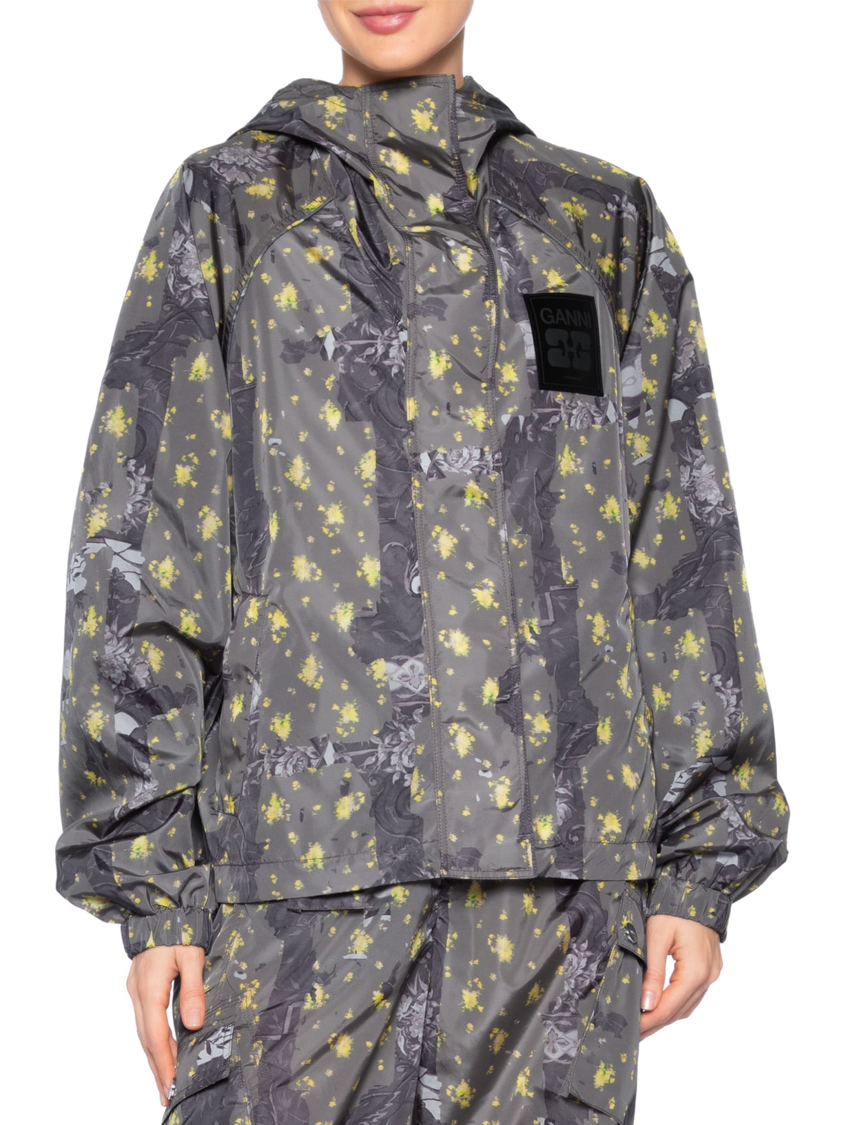 Jaqueta Feminina Printed Flyweight Nylon Hooded Printed Verde Ganni