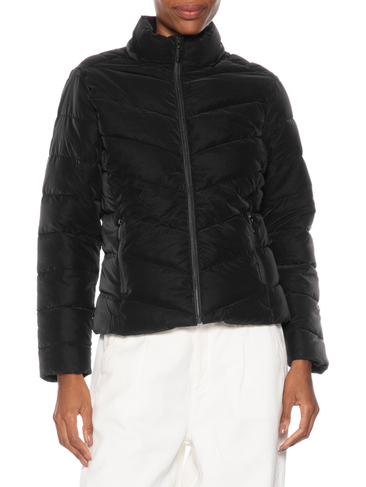 Jaqueta Feminina Puffer Com Bolso Preto Basiq
