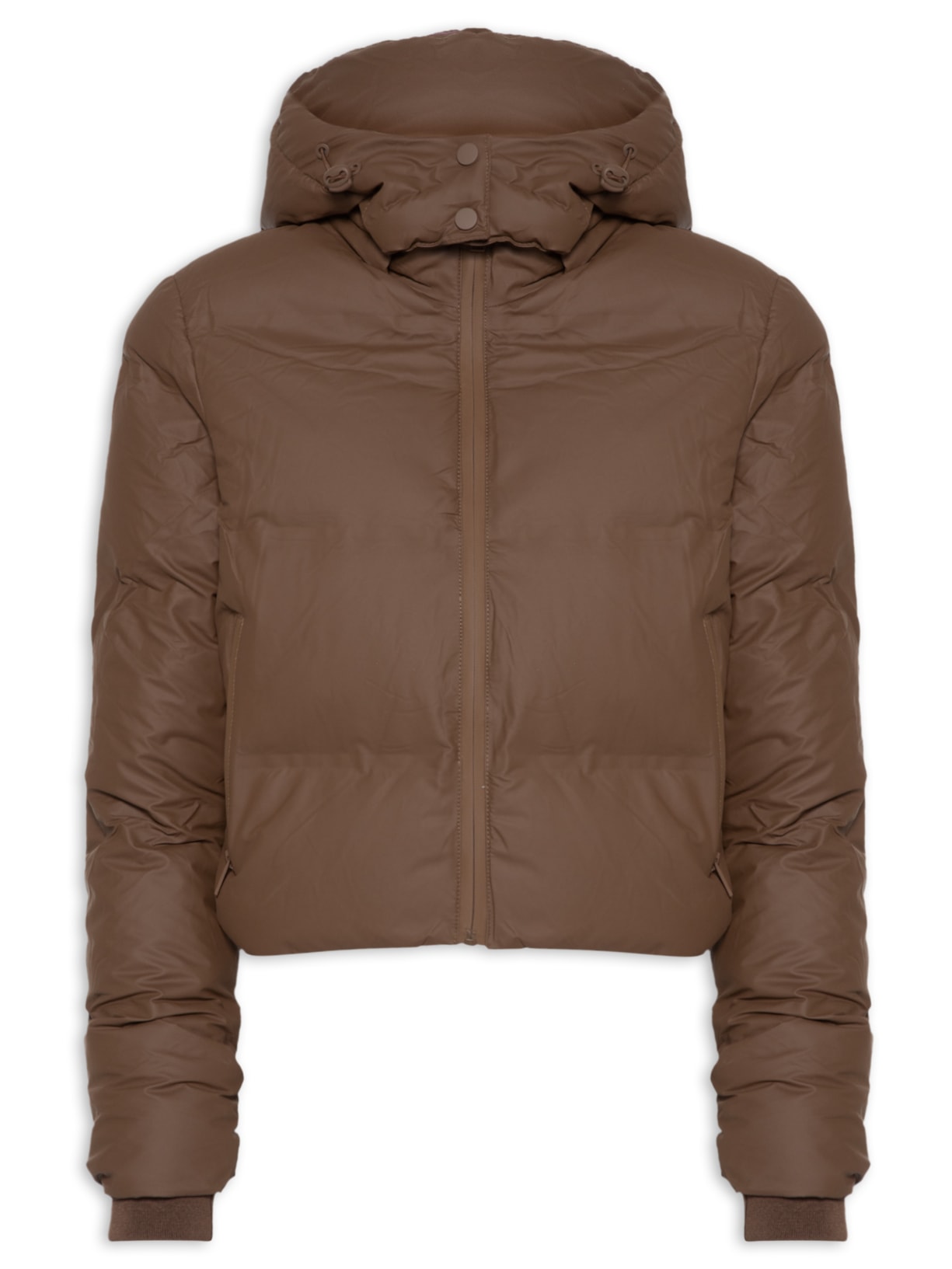 Jaqueta Feminina Puffer Com Capuz E Bolsos - Marrom