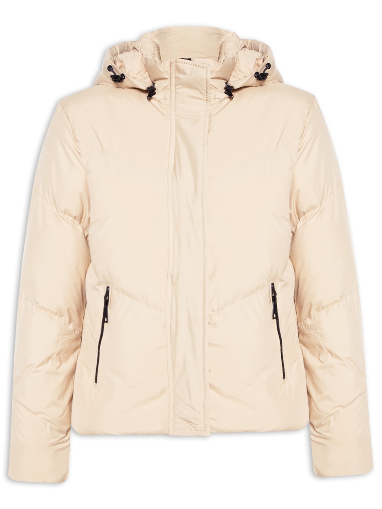 Jaqueta Feminina Puffer Com Capuz Removível - Bege