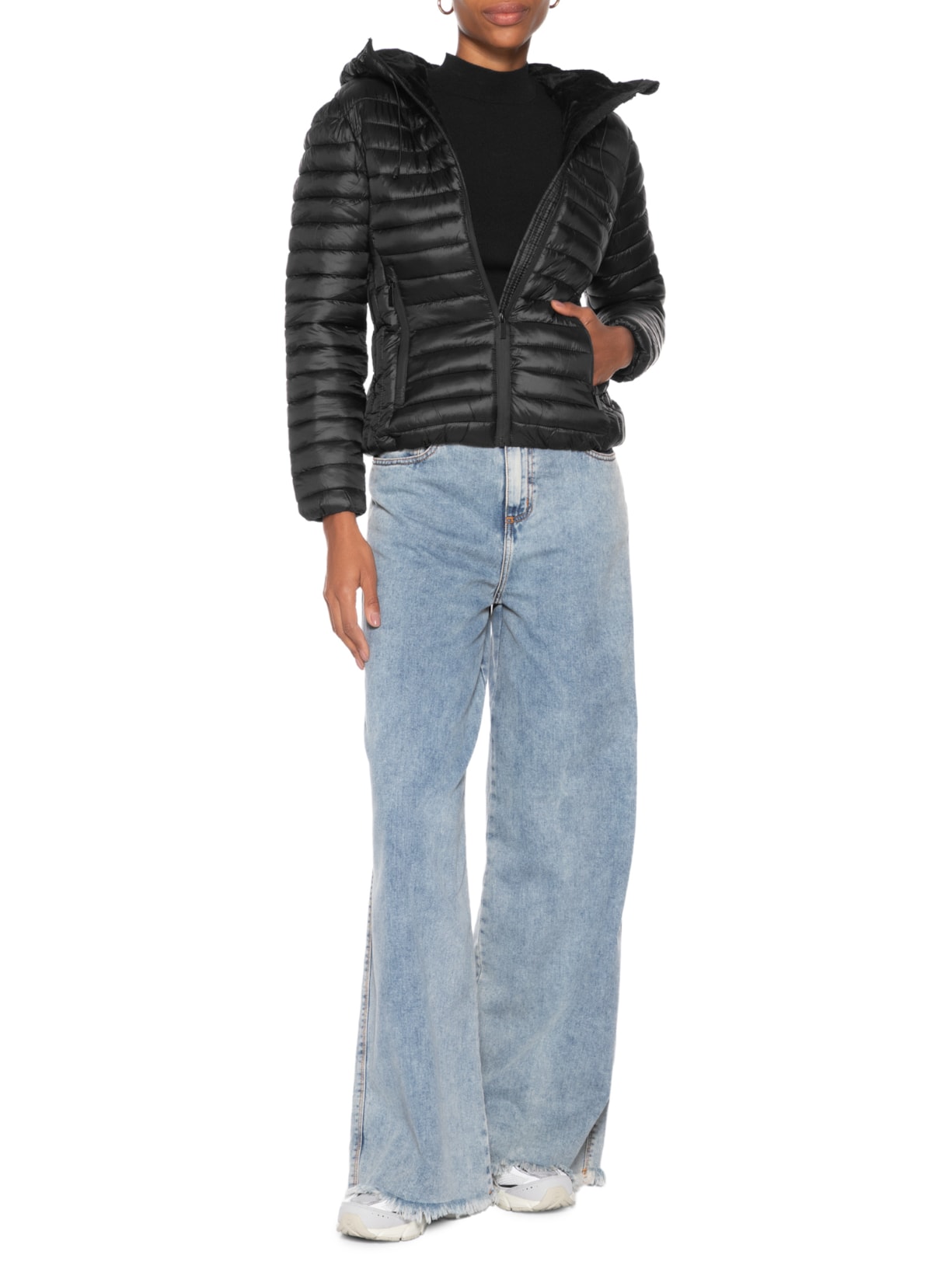 Jaqueta Feminina Puffer Forra Gorro Destacável Preto Basiq