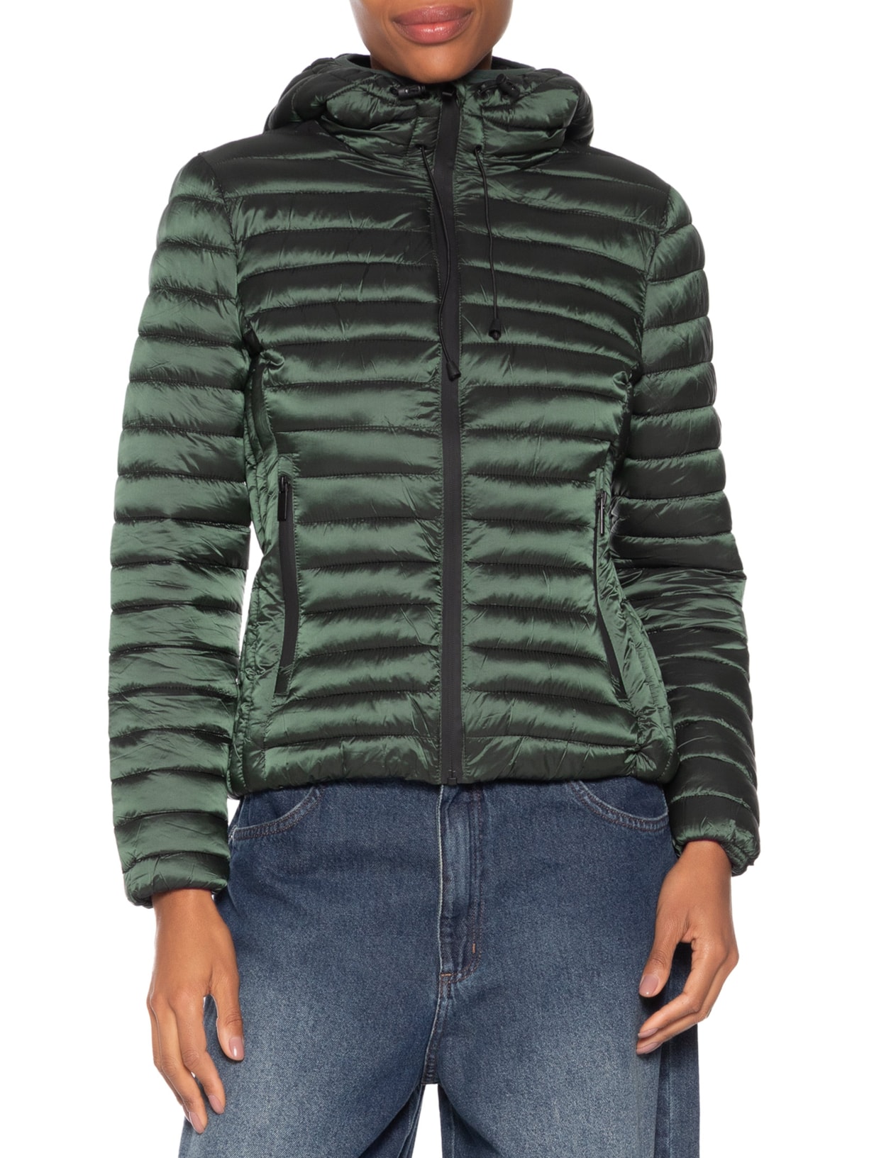 Jaqueta Feminina Puffer Forra Gorro Destacável Verde Basiq