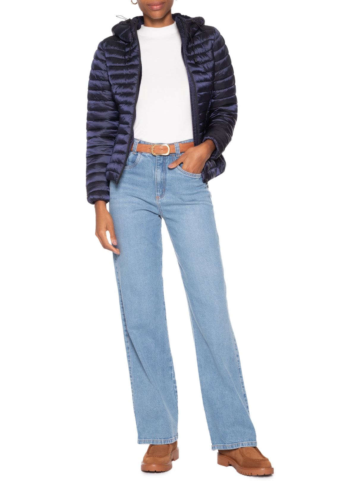 Jaqueta Feminina Puffer Forrada Com Gorro Destacável Azul Basiq