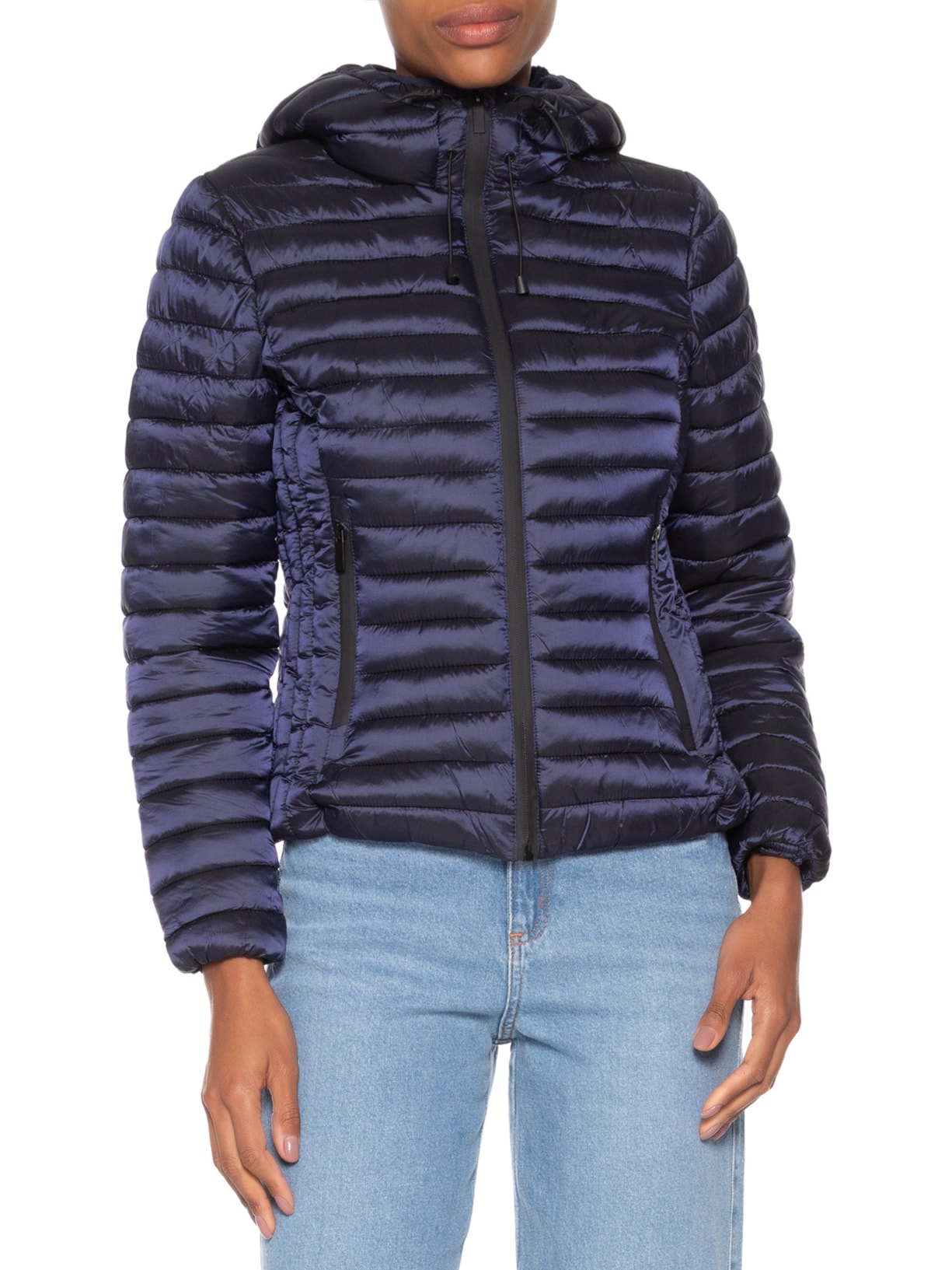 Jaqueta Feminina Puffer Forrada Com Gorro Destacável Azul Basiq