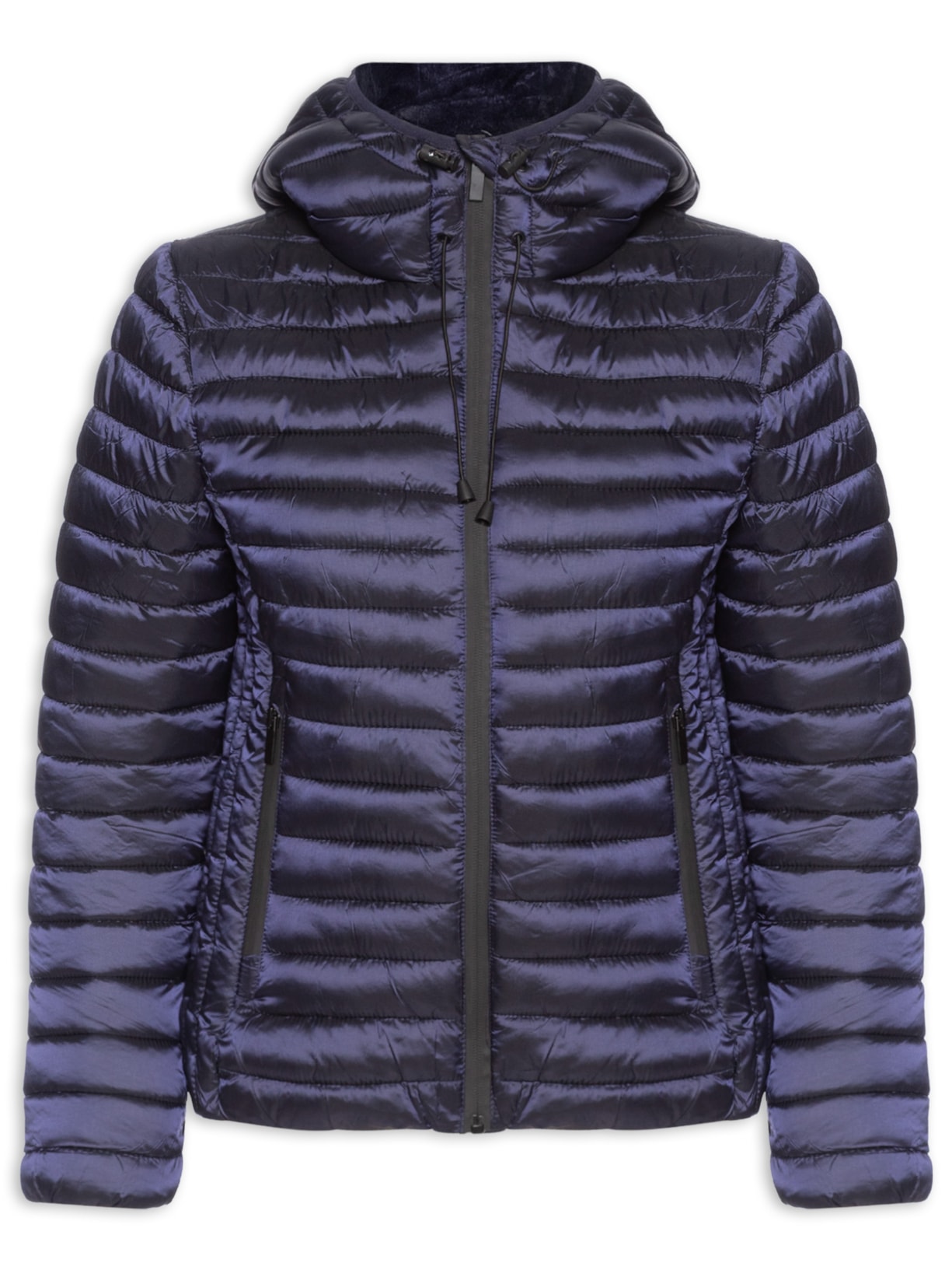 Jaqueta Feminina Puffer Forrada Com Gorro Destacável Azul Basiq