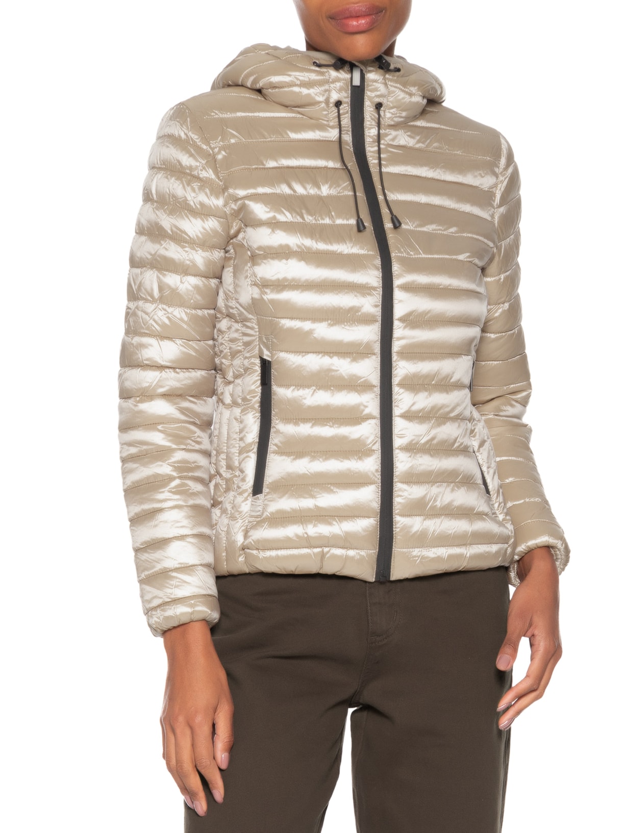 Jaqueta Feminina Puffer Forrada Com Gorro Destacável Bege Basiq