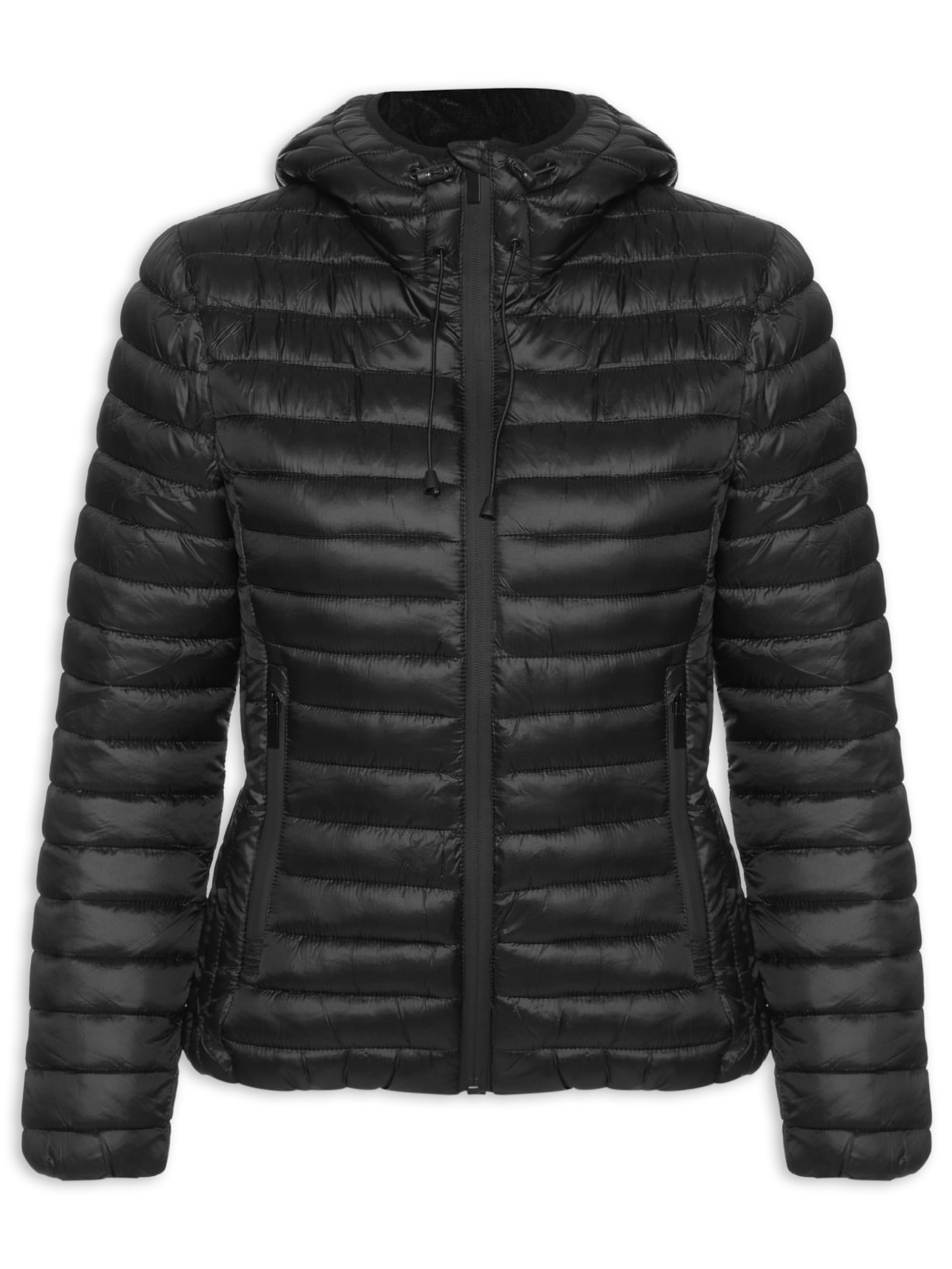 Jaqueta Feminina Puffer Forrada Com Gorro Destacável - Preto