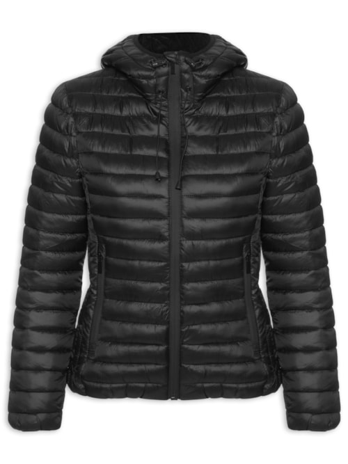 Jaqueta Feminina Puffer Forrada Com Gorro Destacável - Preto