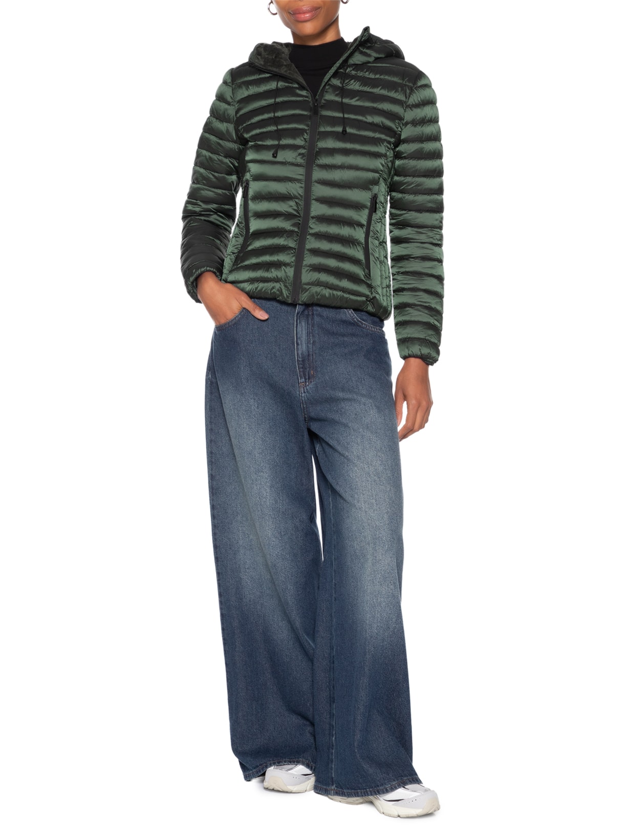 Jaqueta Feminina Puffer Forrada Com Gorro Destacável Verde Basiq