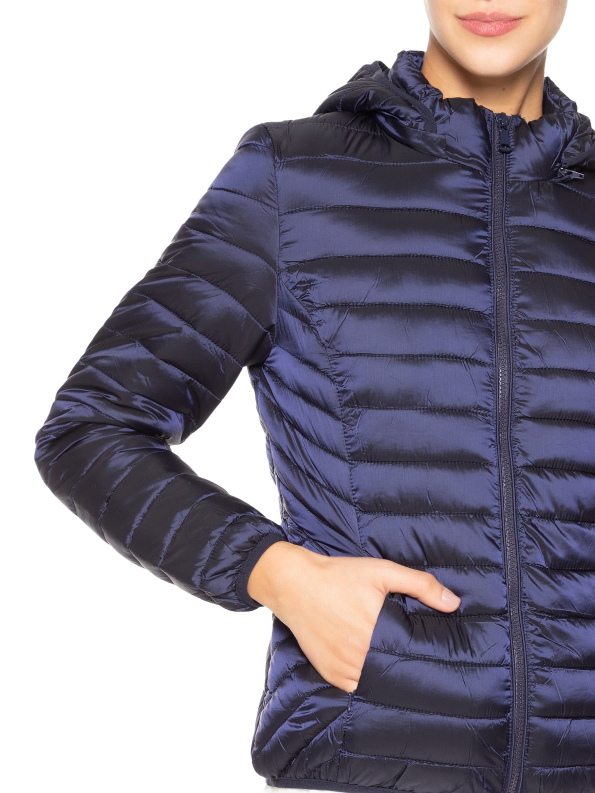 Jaqueta Feminina Puffer Gorro Destacável Azul Basiq