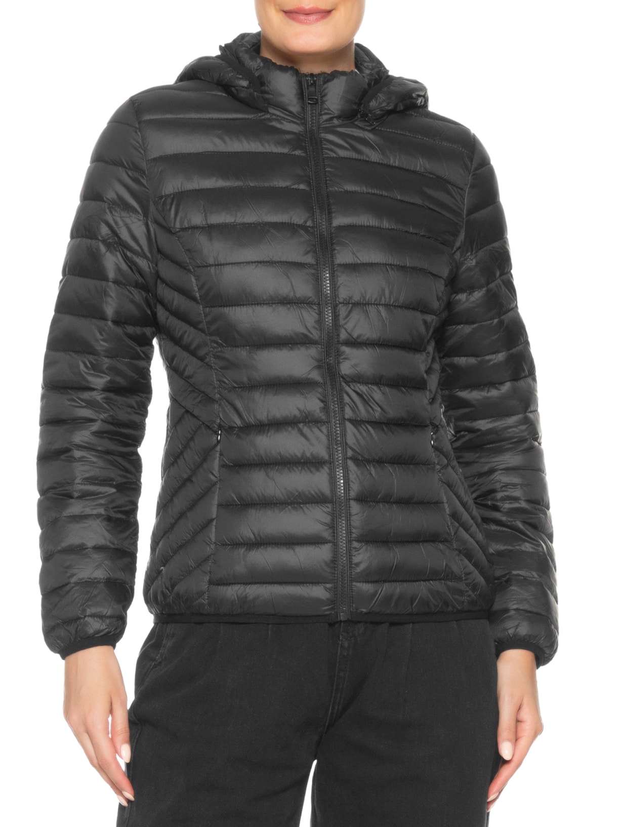 Jaqueta Feminina Puffer Gorro Destacável Preto Basiq