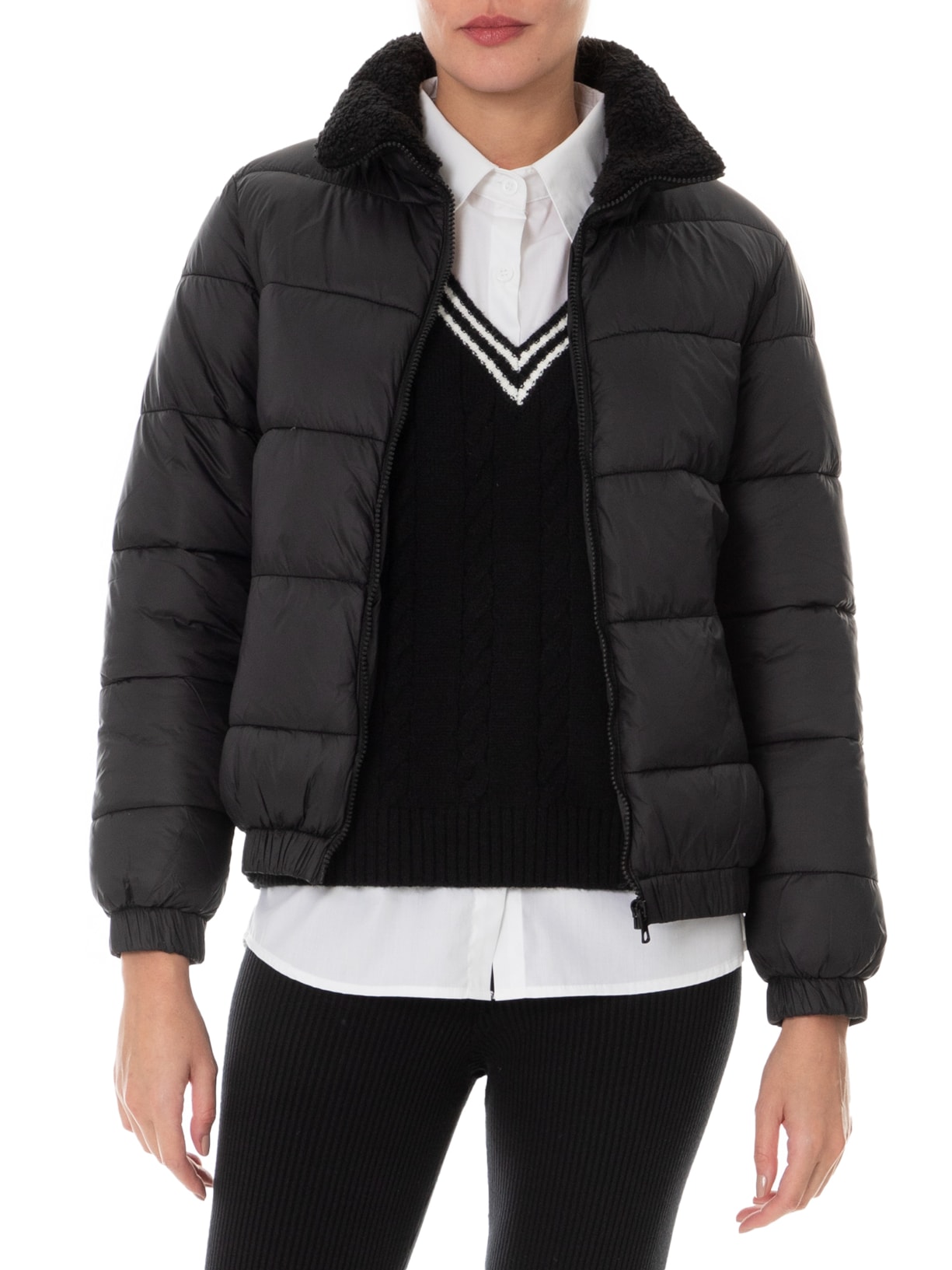 Jaqueta Feminina Puffer Pelucia Preto Market 33