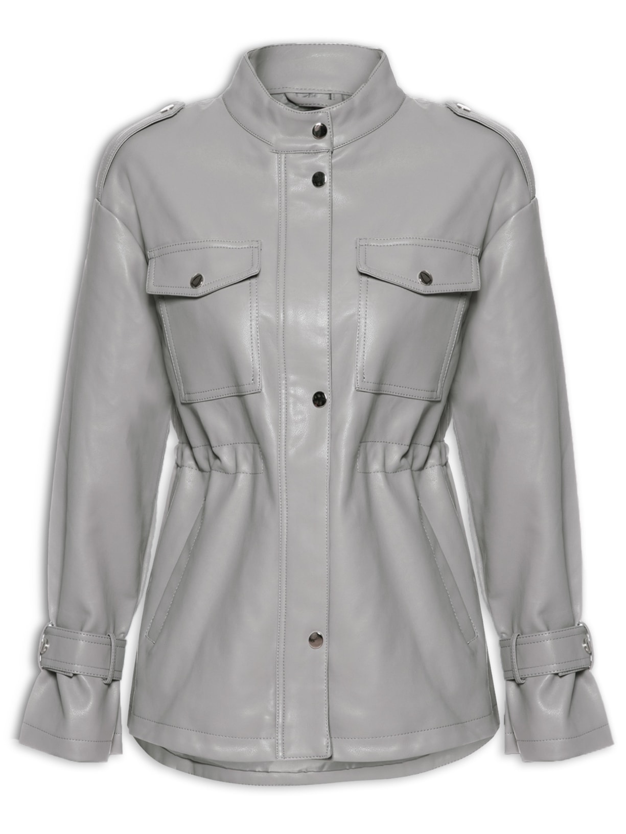 Jaqueta Feminina Sintética Com Bolsos Frontais - Cinza