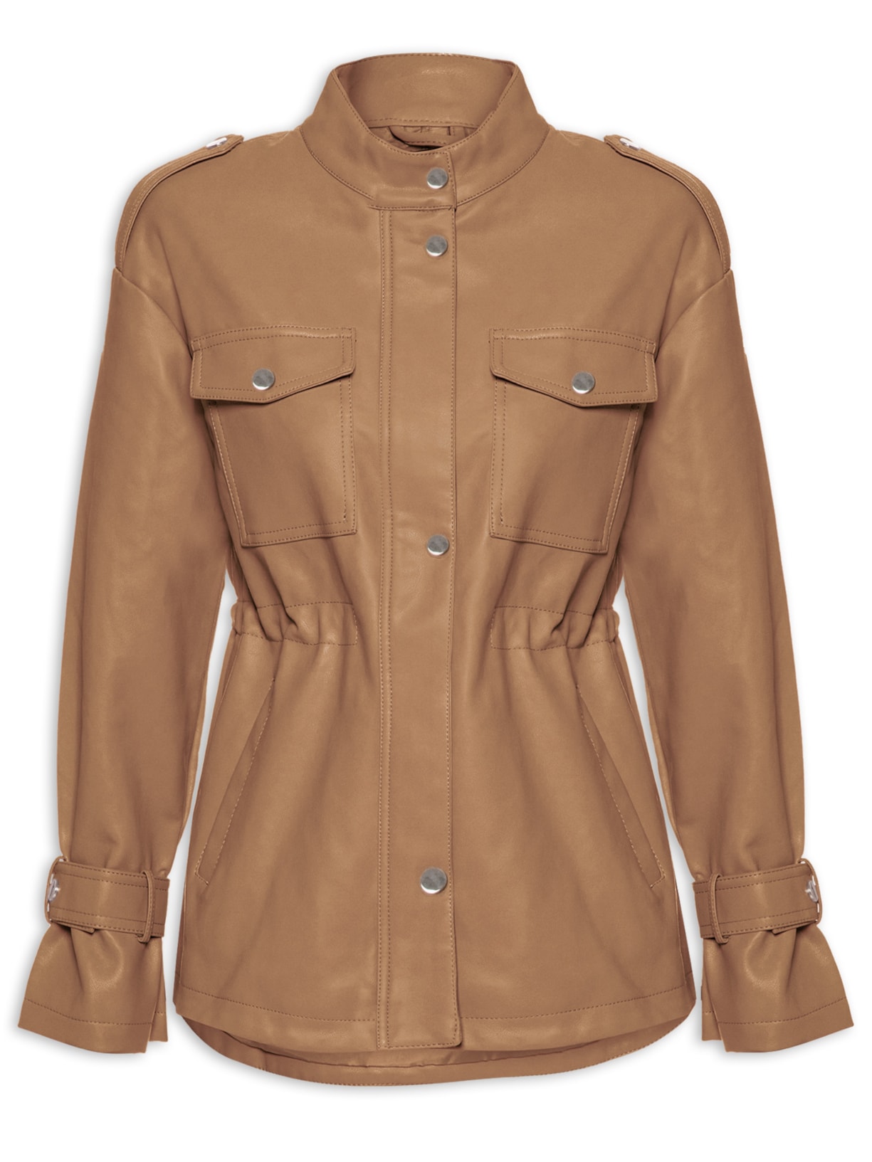 Jaqueta Feminina Sintética Com Bolsos Frontais - Marrom