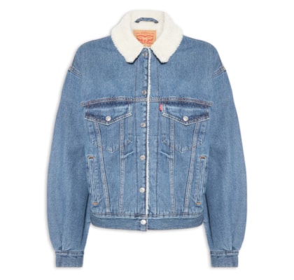 Jaqueta Jeans Feminina 90s Sherpa Trucker - Azul