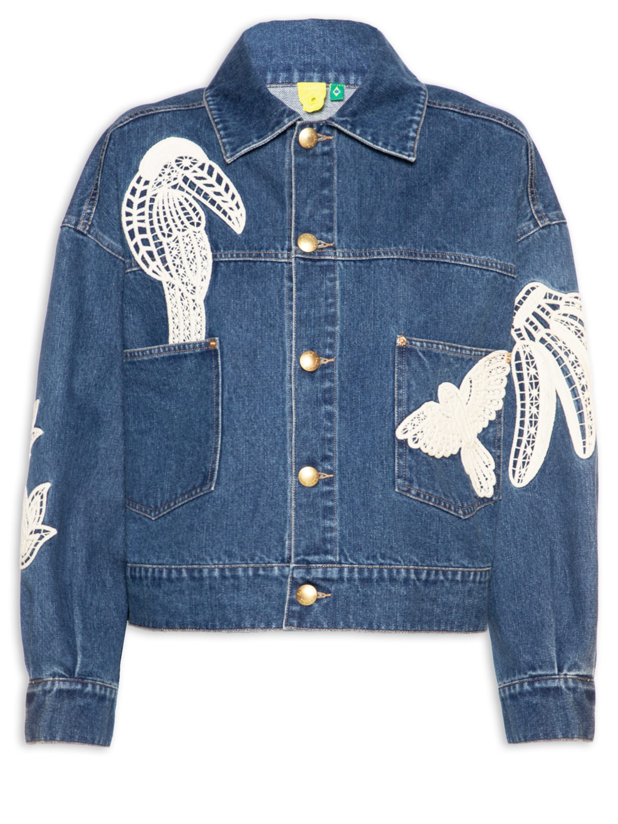 Jaqueta Jeans Feminina Bordada Guipere Azul Farm