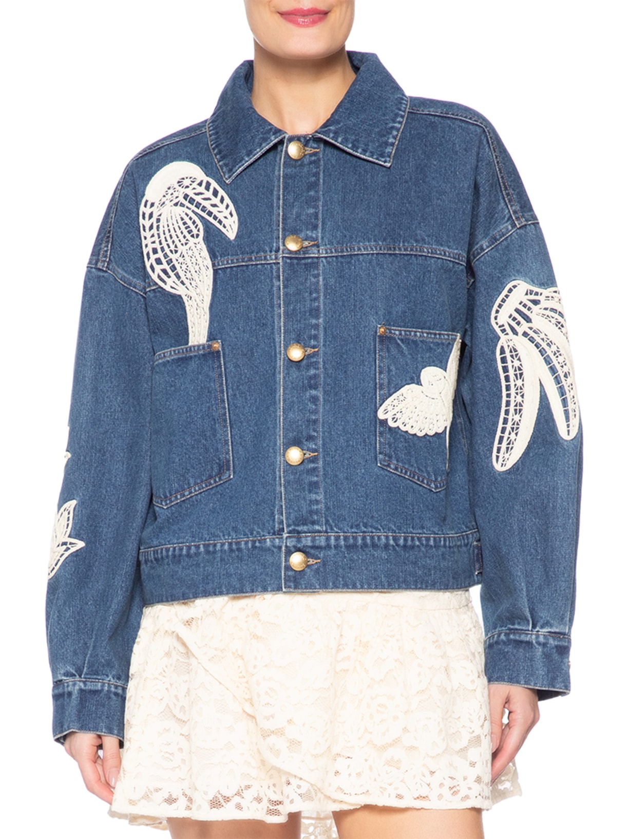 Jaqueta Jeans Feminina Bordada Guipere Azul Farm
