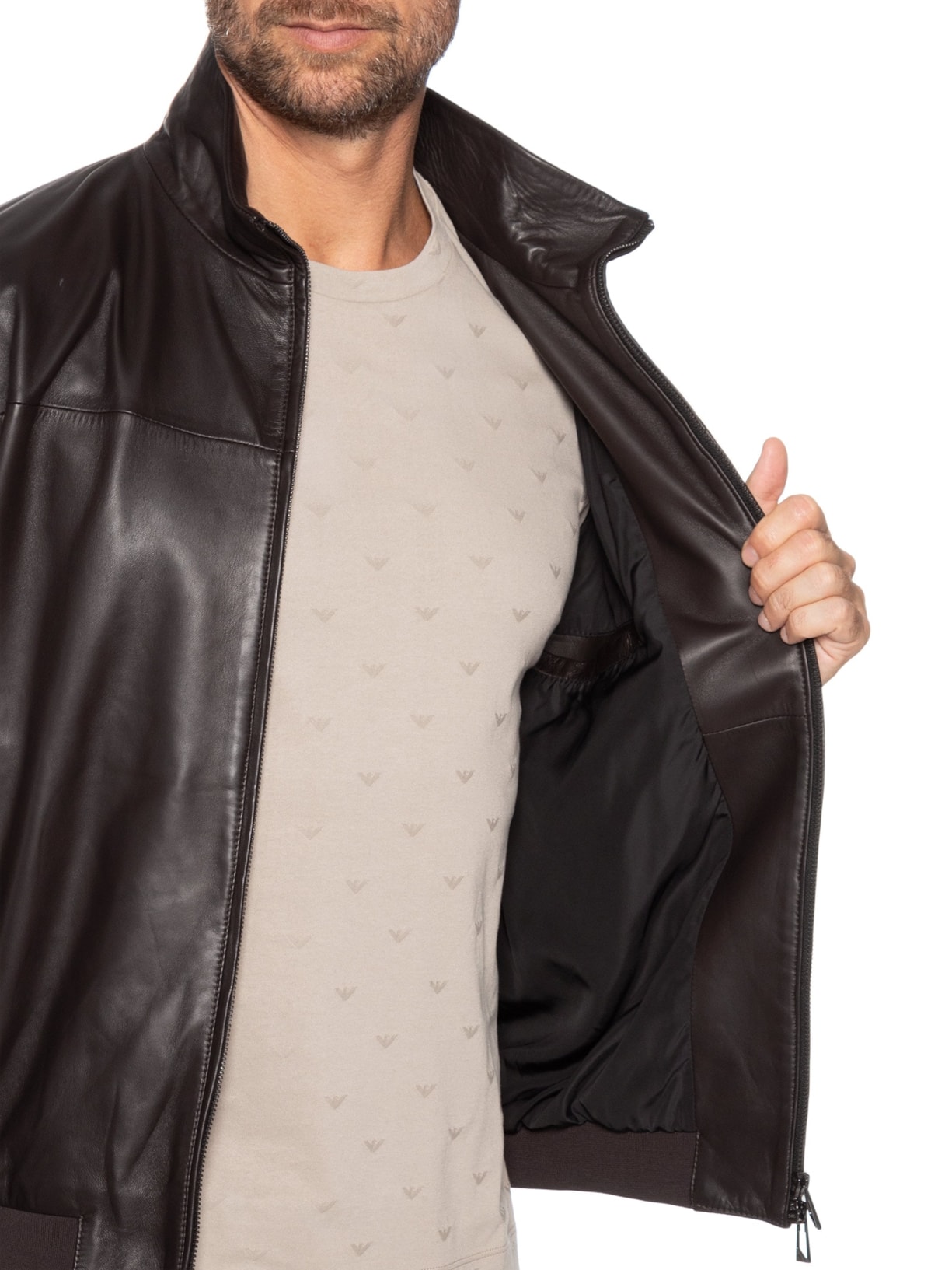 Jaqueta Masculina Bomber Couro Nappa Marrom Emporio Armani
