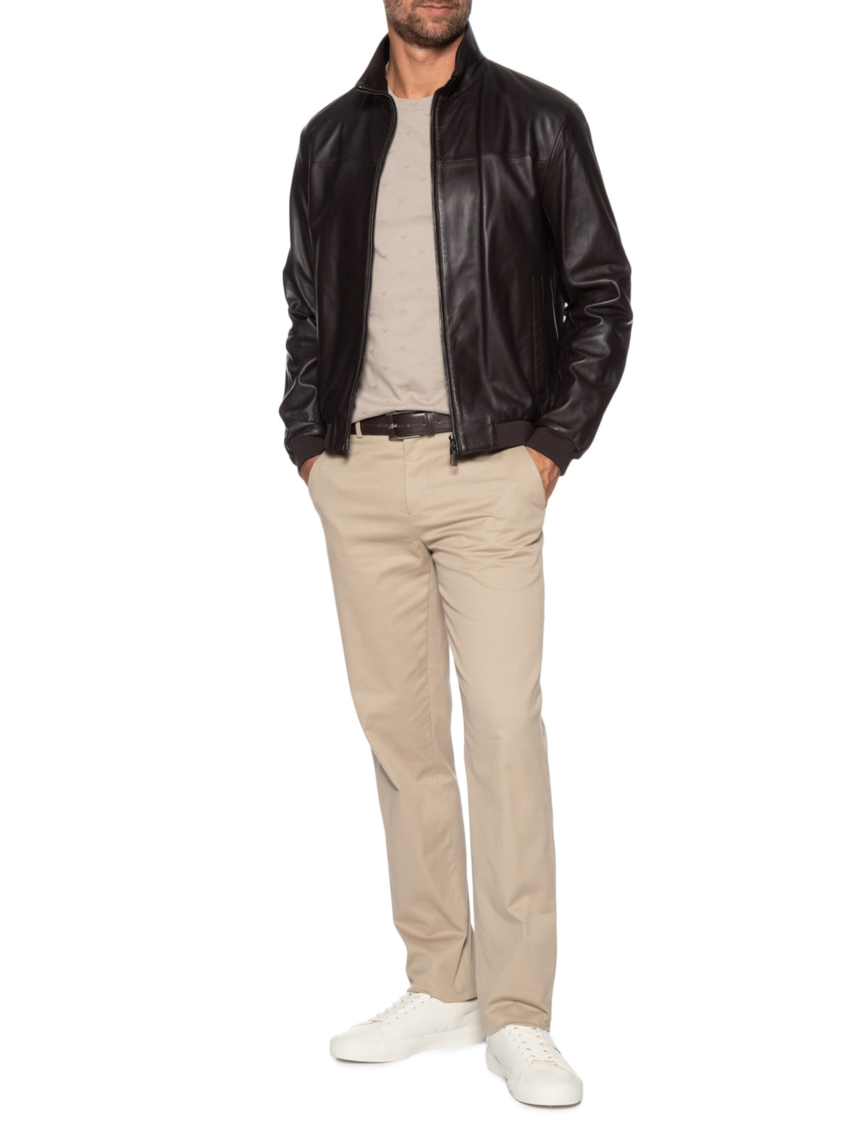 Jaqueta Masculina Bomber Couro Nappa Marrom Emporio Armani