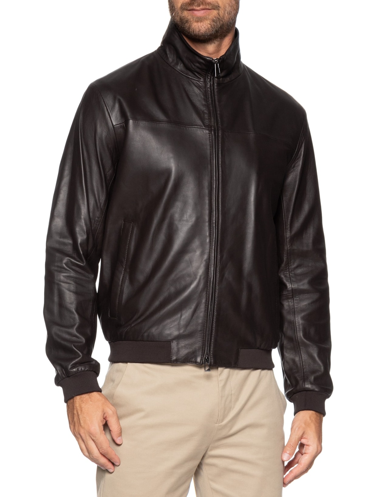 Jaqueta Masculina Bomber Couro Nappa Marrom Emporio Armani