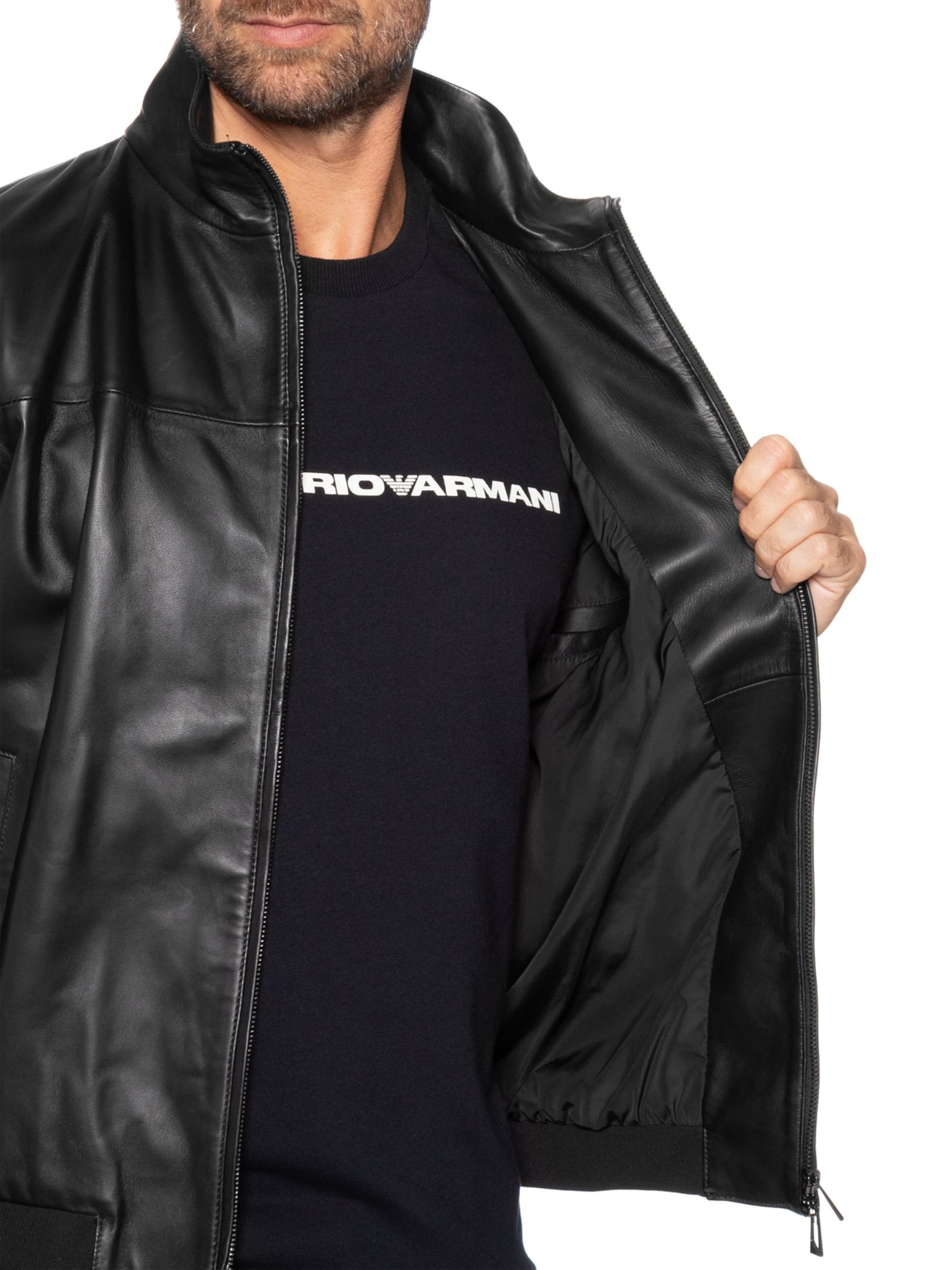 Jaqueta Masculina Bomber Couro Nappa – Preto Emporio Armani