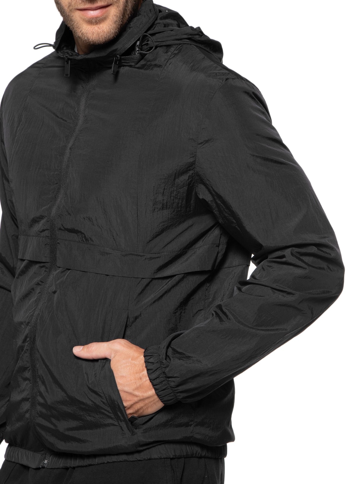 Jaqueta Masculina Corta Vento Capuz Embutido '2 Essential Preto