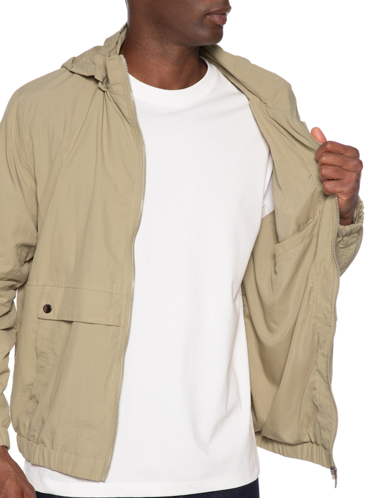 Jaqueta Masculina Corta Vento Com Capuz Bege Basiq Men