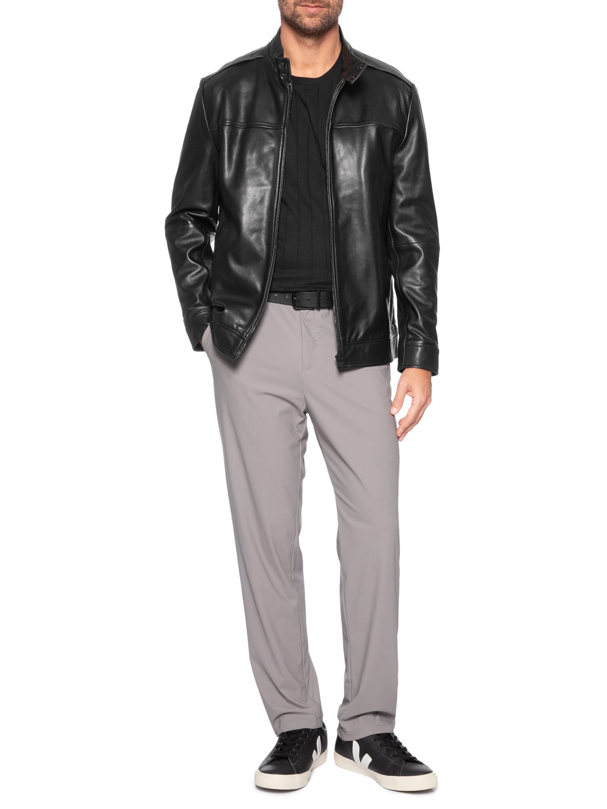 Jaqueta Masculina Couro Motorcycle Preto Aramis